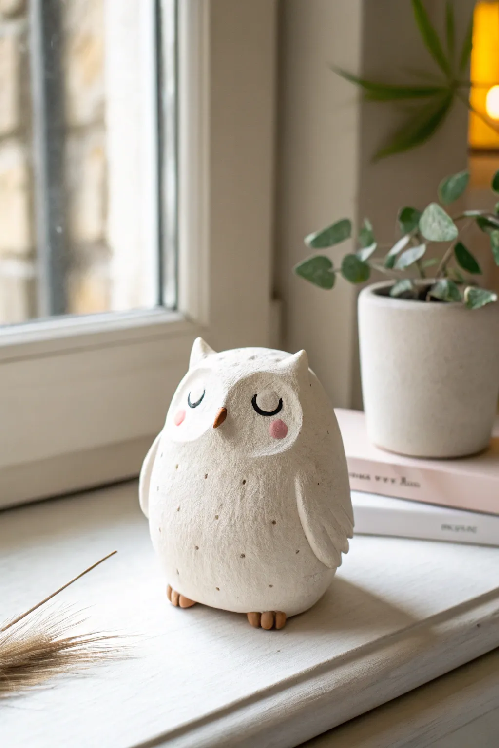 Chunky paper clay owl buddy with tiny eyes and blush cheeks, simple to make and super cute