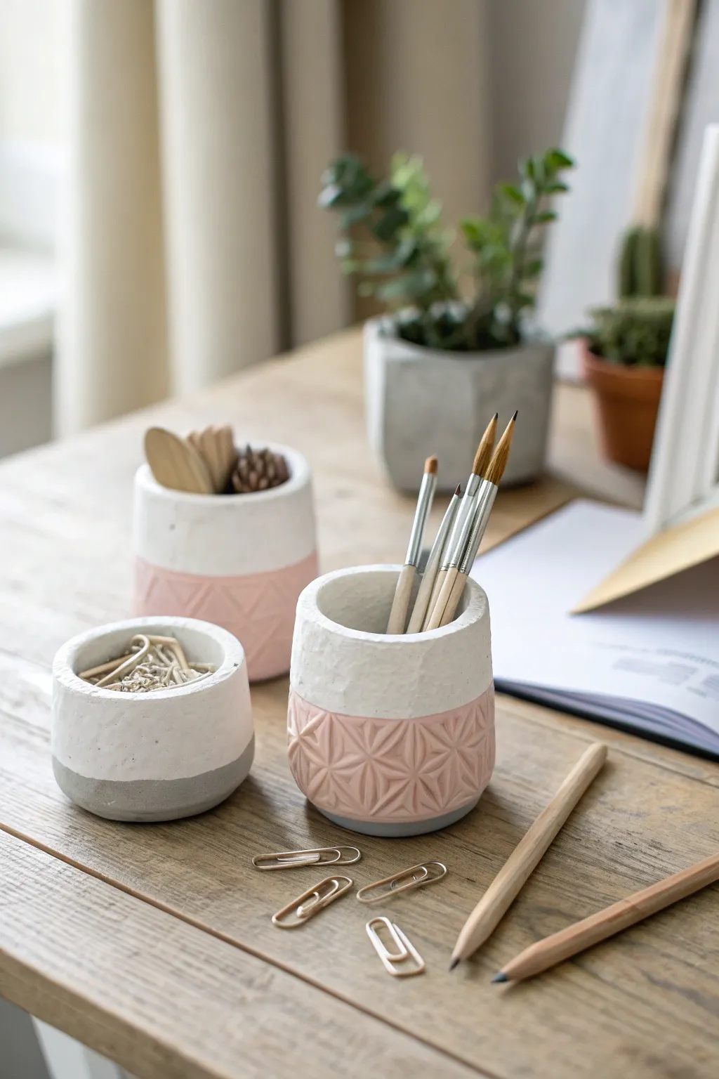 Mini paper clay pots for chic desk storage in soft monochrome tones with cozy handmade texture