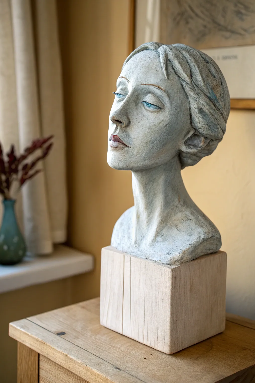 Mini paperclay bust with bold nose and lips, hand-painted eyes, styled in calm Nordic tones.