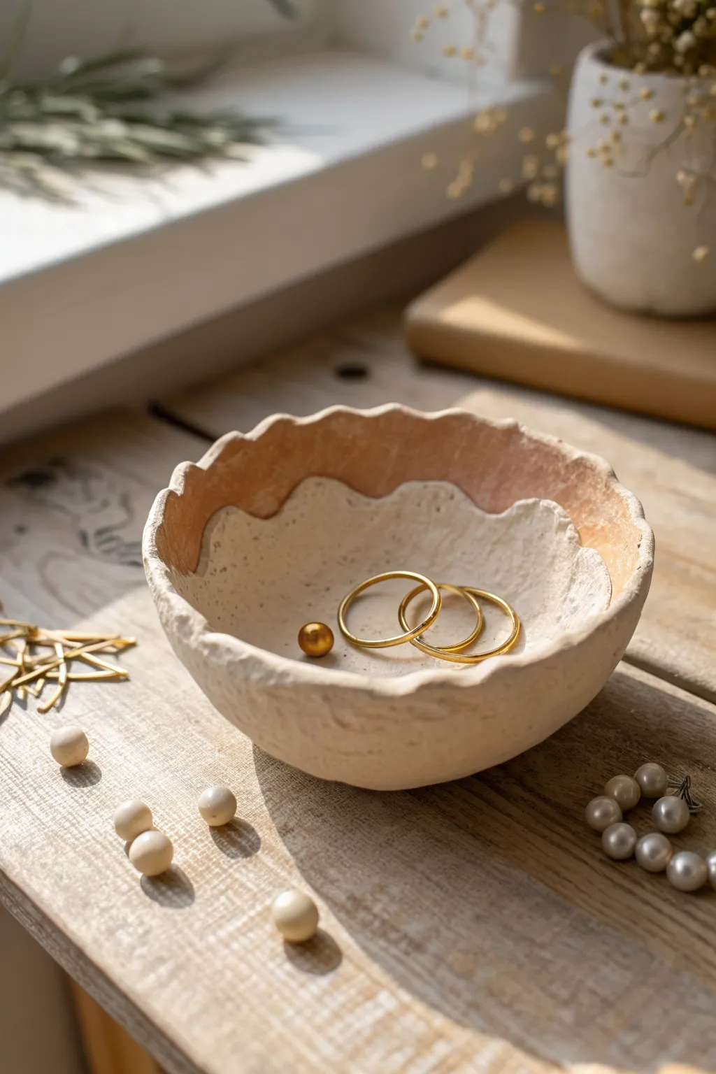 Handmade paper mache pinch bowl in warm neutrals, perfect for rings, beads, and tiny treasures.