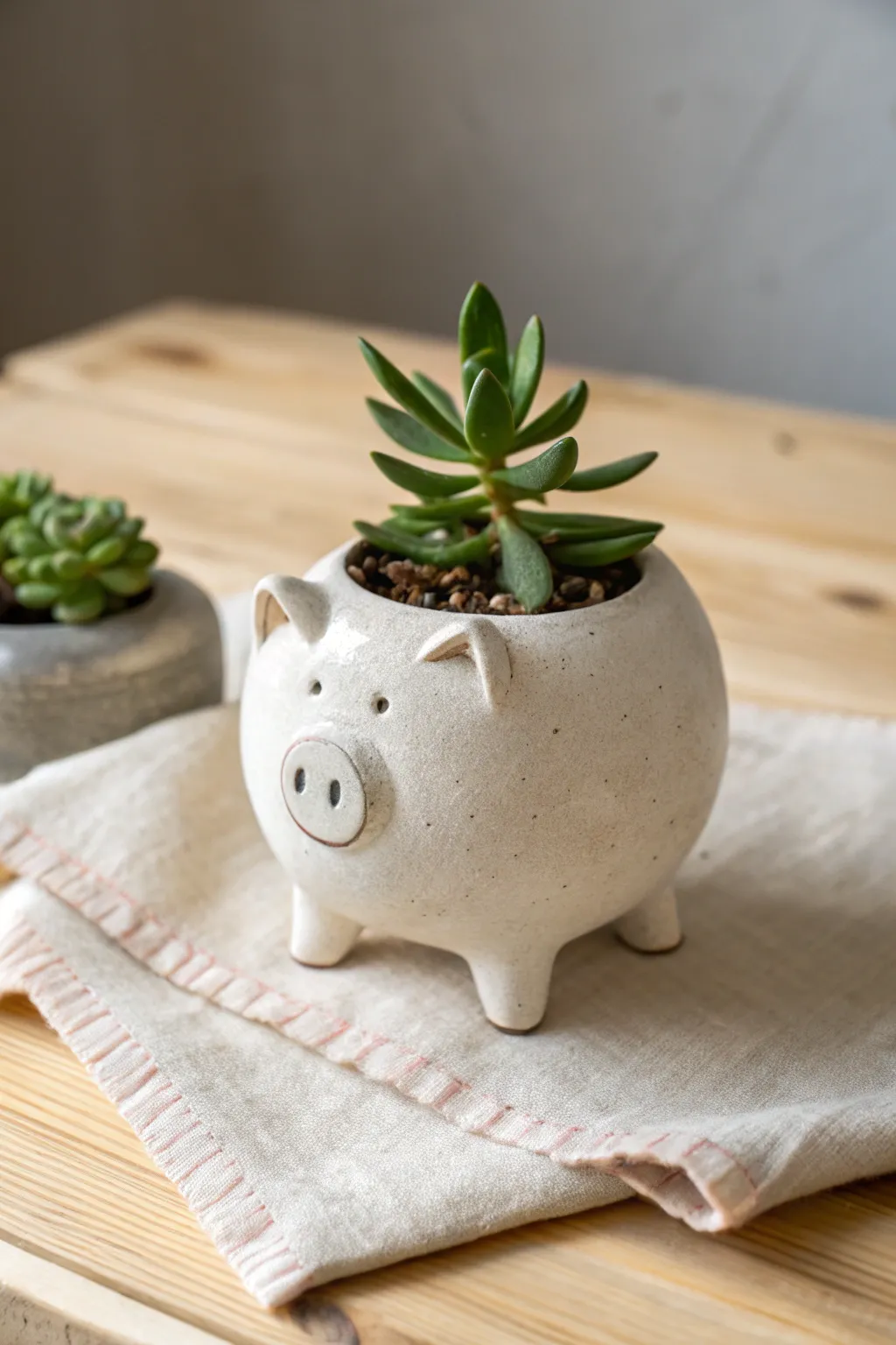Sweet minimalist pig planter with a tiny succulent, handmade clay charm in calm neutral tones