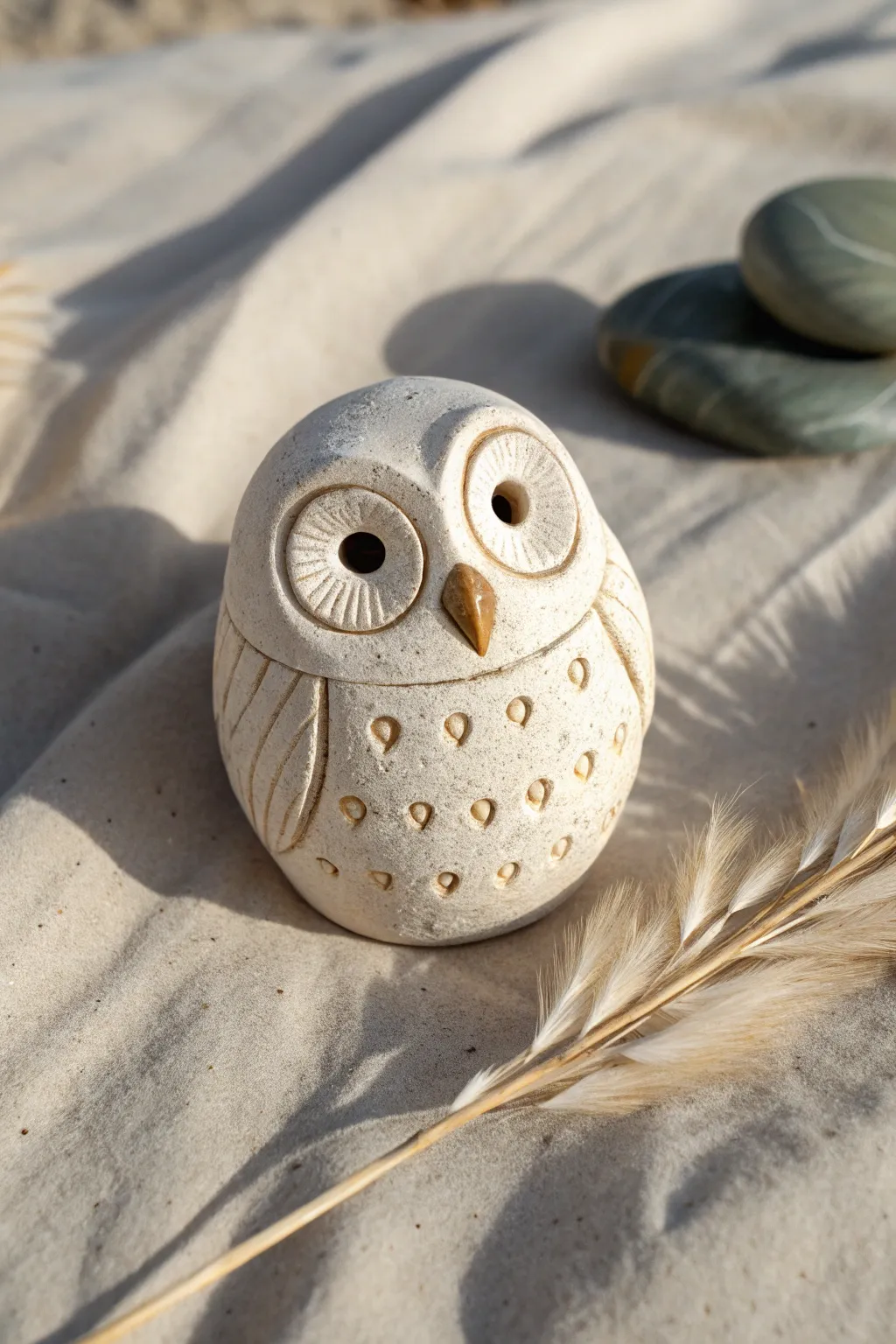 Sweet wide-eyed owl pinch whistle with simple textures and cozy minimalist boho vibes