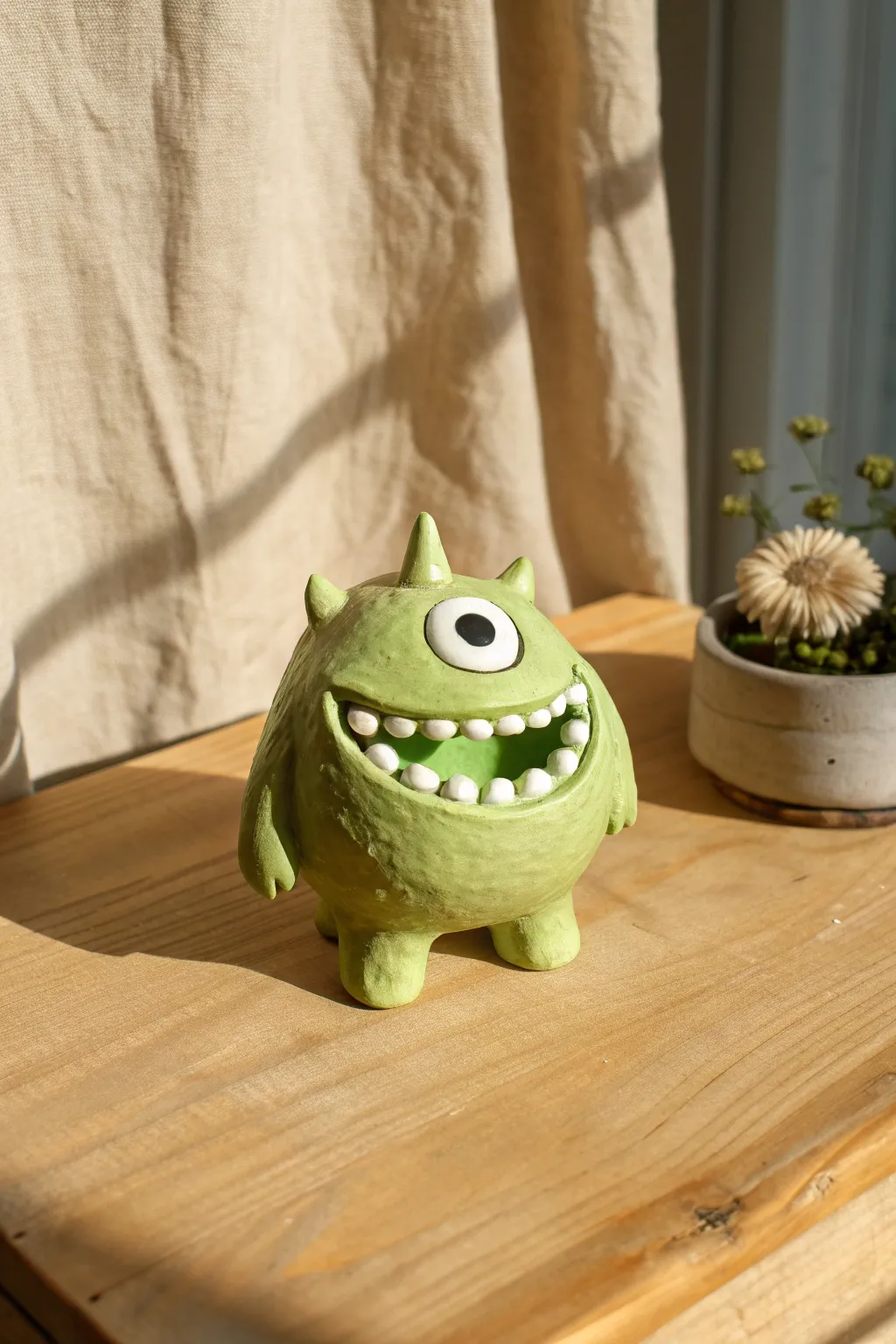 Lime cyclops pinch-pot monster with a big grin and chunky teeth in clean Nordic boho styling.