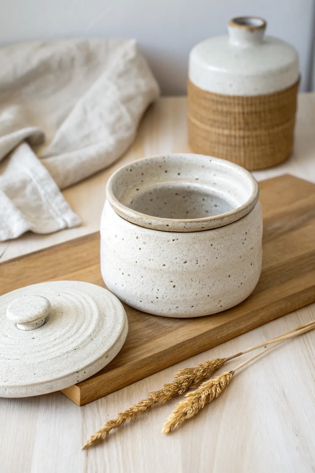 Simple pinch pot jar with a hidden coil bumper ring under the lid, styled in warm minimal beauty.