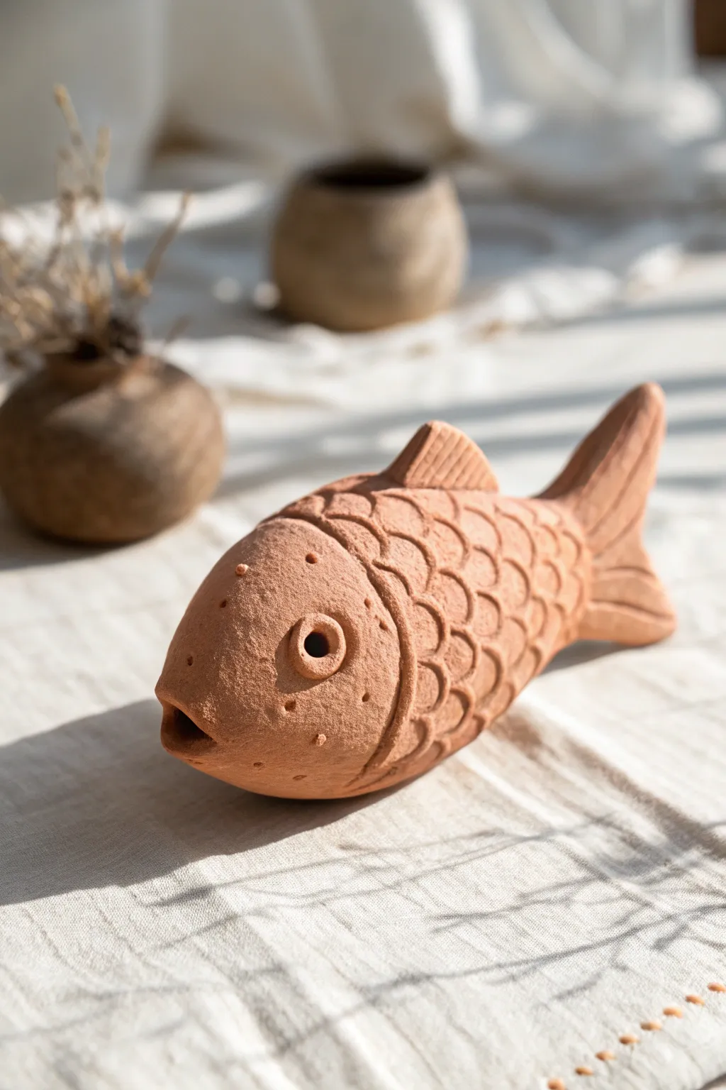 Sweet fish pinch pot rattle with pinched tail and bold eye, minimalist handmade charm.