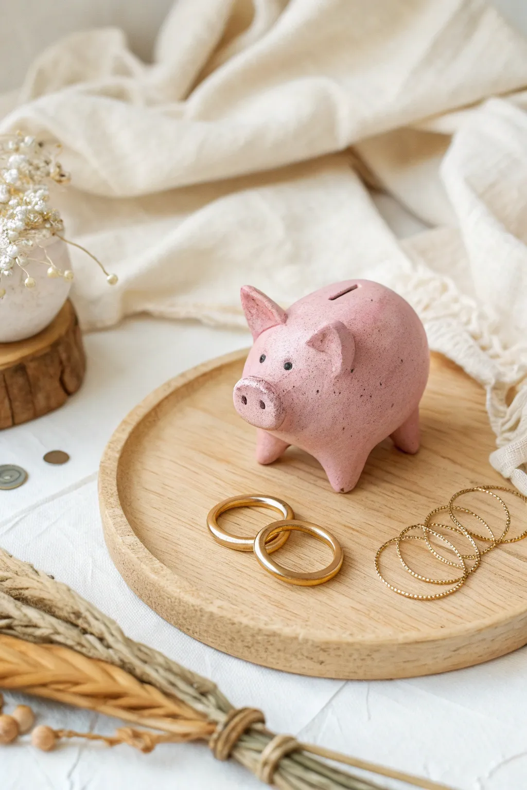 Sweet pink piglet ring holder with gold rings, styled in a soft Scandinavian boho flatlay
