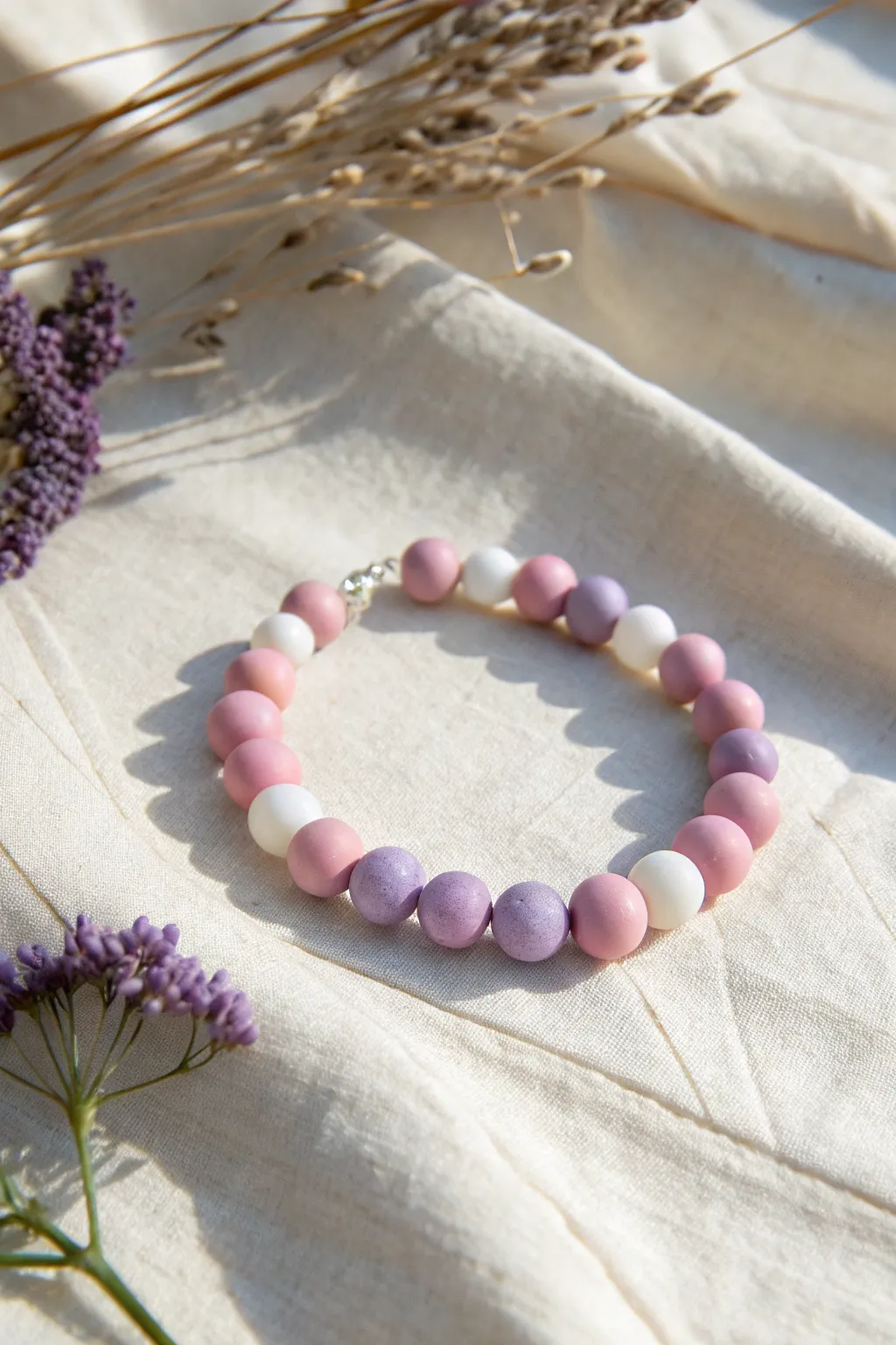Pink and purple clay beads with crisp white spacers for an airy, clean minimalist look