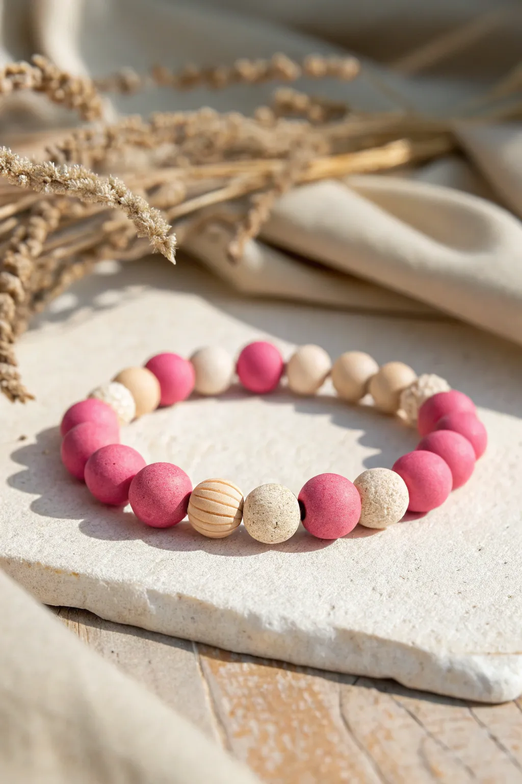 Hot pink clay beads balanced with creamy neutrals for a modern, minimalist pop bracelet.