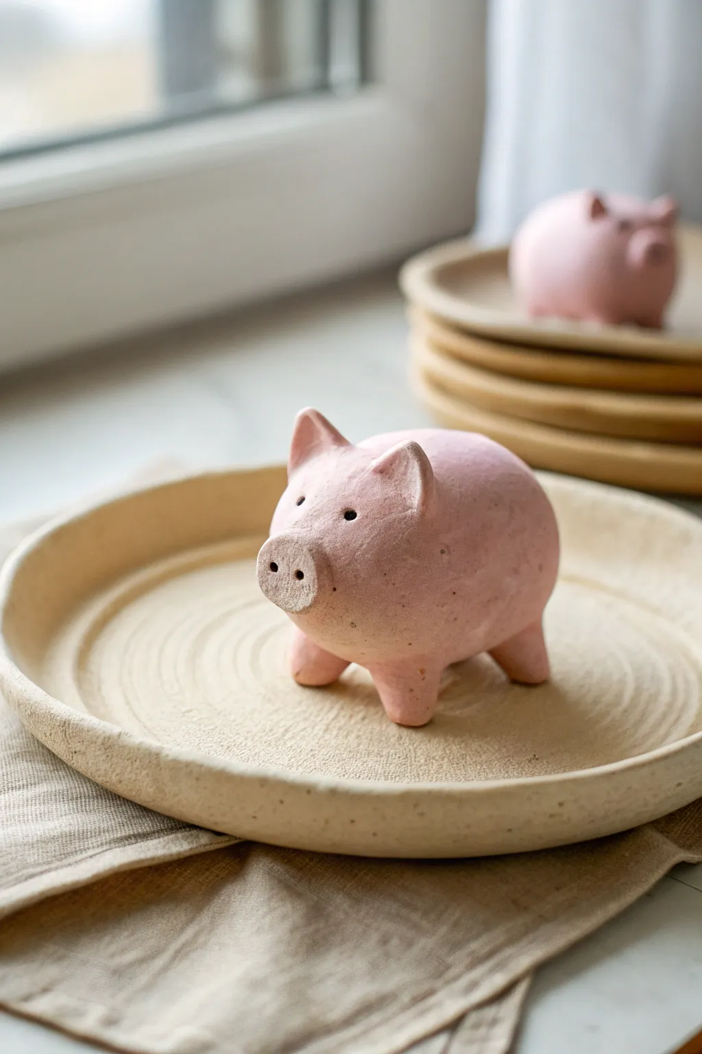 Soft pink piggy mini sculpture with simple shapes, styled on linen for minimalist boho charm.