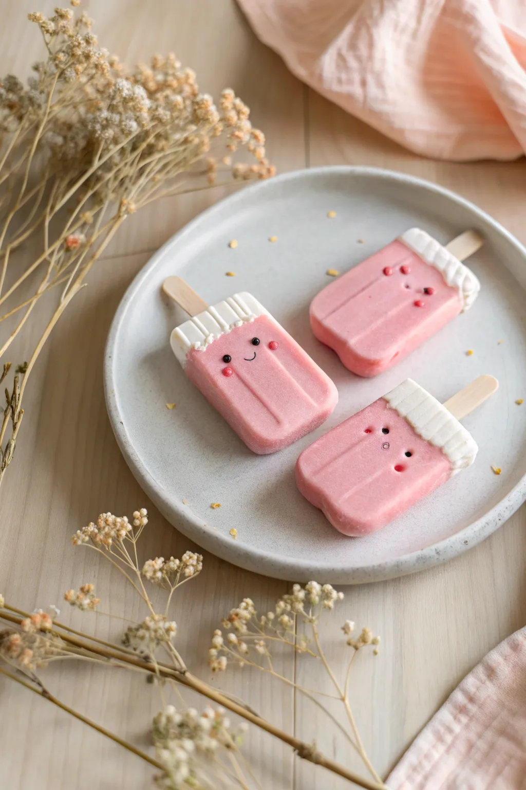 Strawberry milk popsicle charms in soft pink, minimalist styling, sweet and handmade.