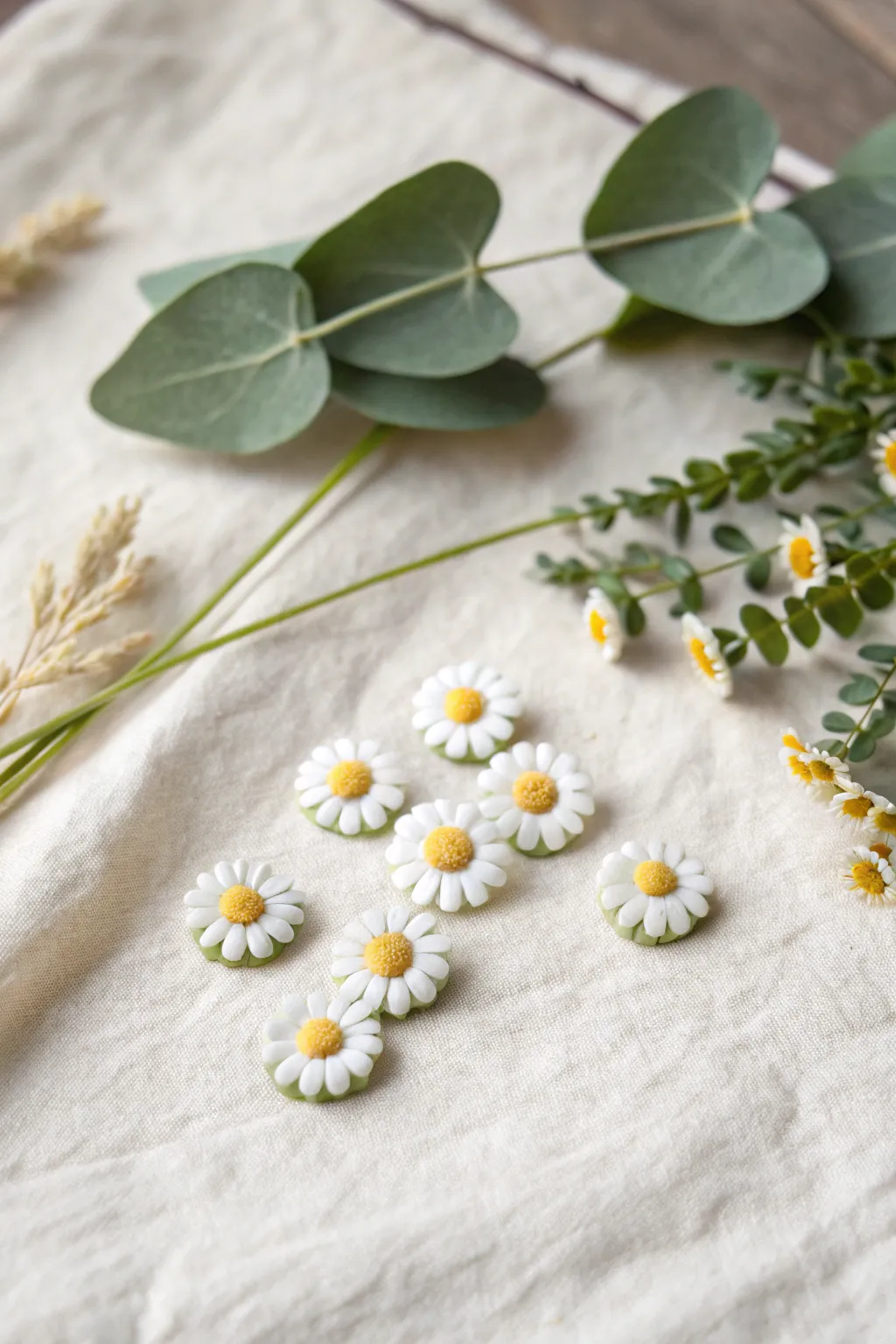 Minimal daisy and leaf polymer clay stud earrings on linen with a soft Scandinavian boho feel