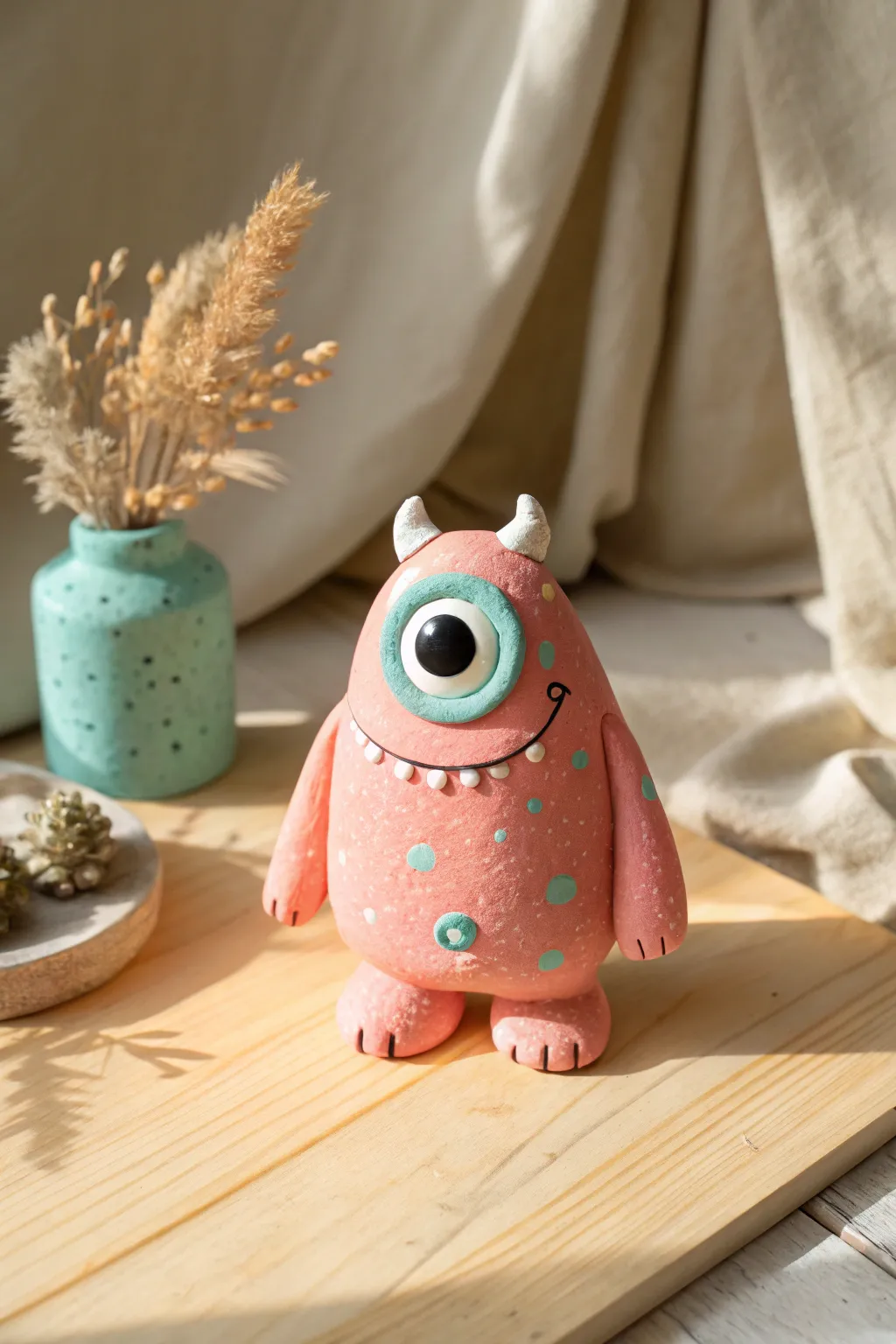 A sweet one-eyed plasticine monster with a goofy grin, minimalist styling and cozy contrast.