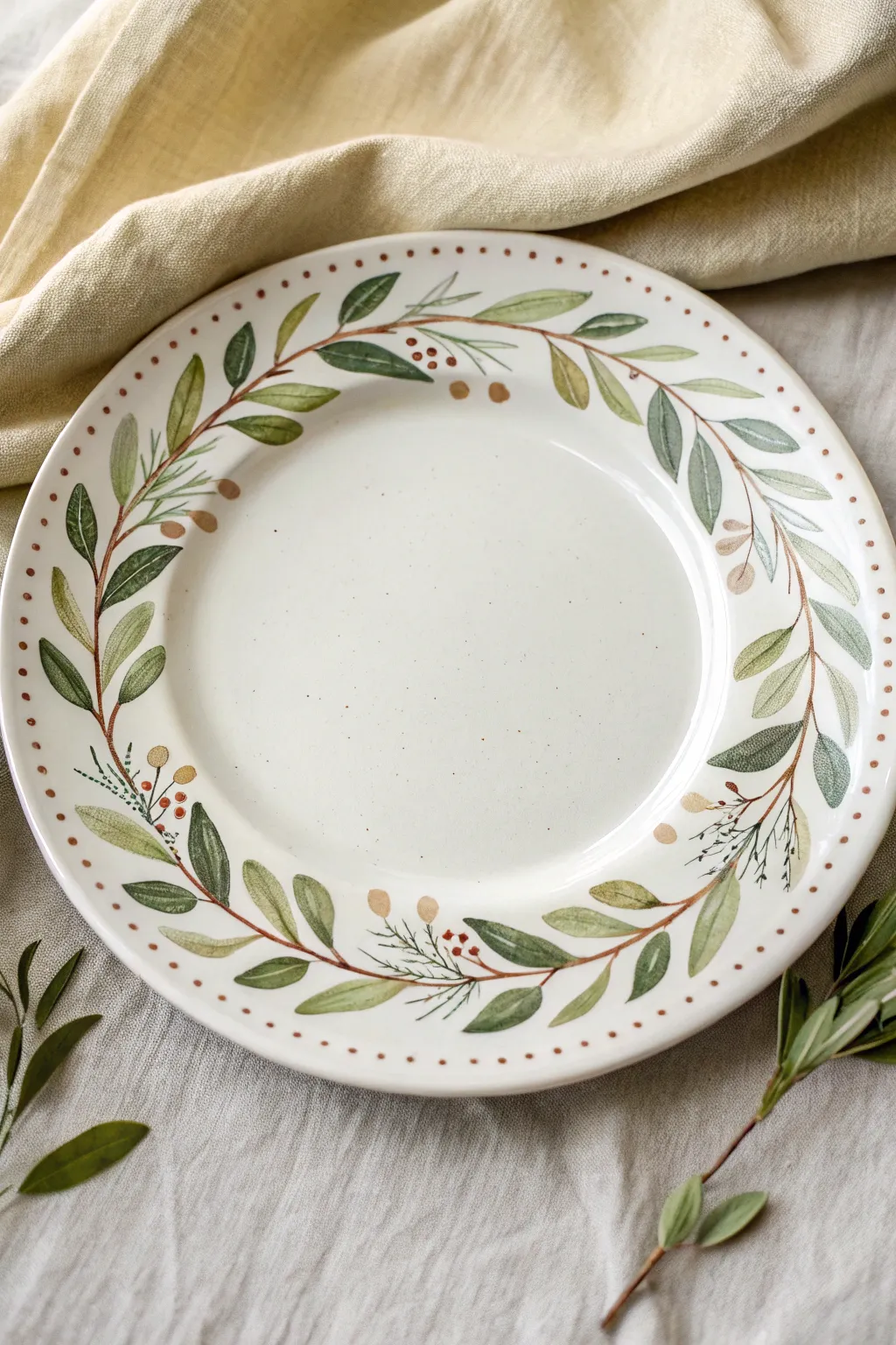 Minimal leafy wreath rim design in calm greens with tiny dots for an easy botanical plate.