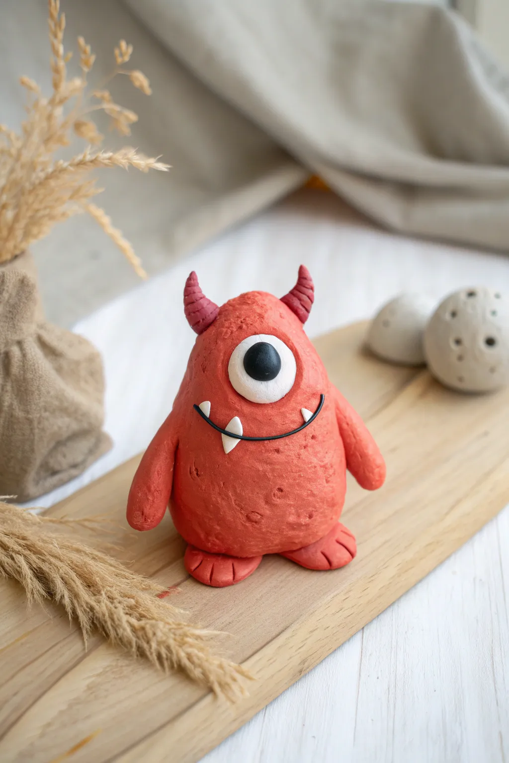 A charming one-eyed play clay monster with tiny horns and a goofy grin, ready for easy DIY fun.