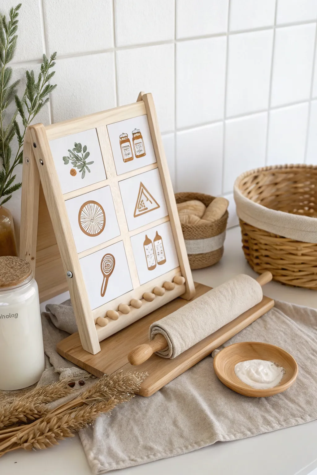 Icon-only rules board with a tidy brush-and-cloth basket for quick, stress-free playdough resets.