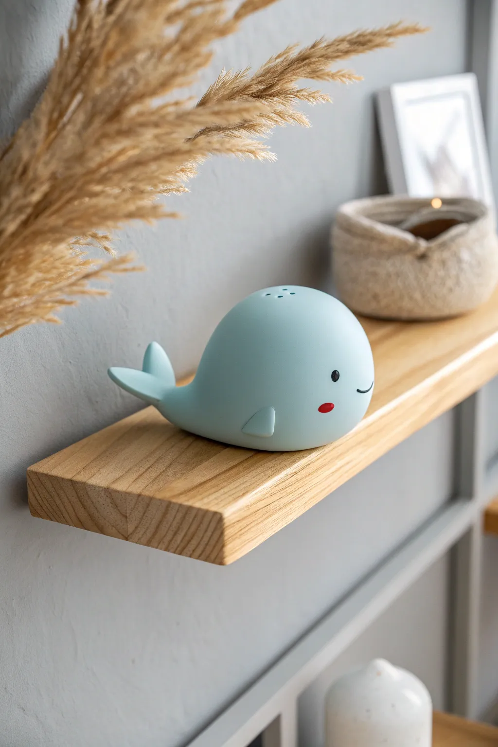 Chubby pastel polymer clay whale figurine, minimalist shelf styling with cozy boho warmth.
