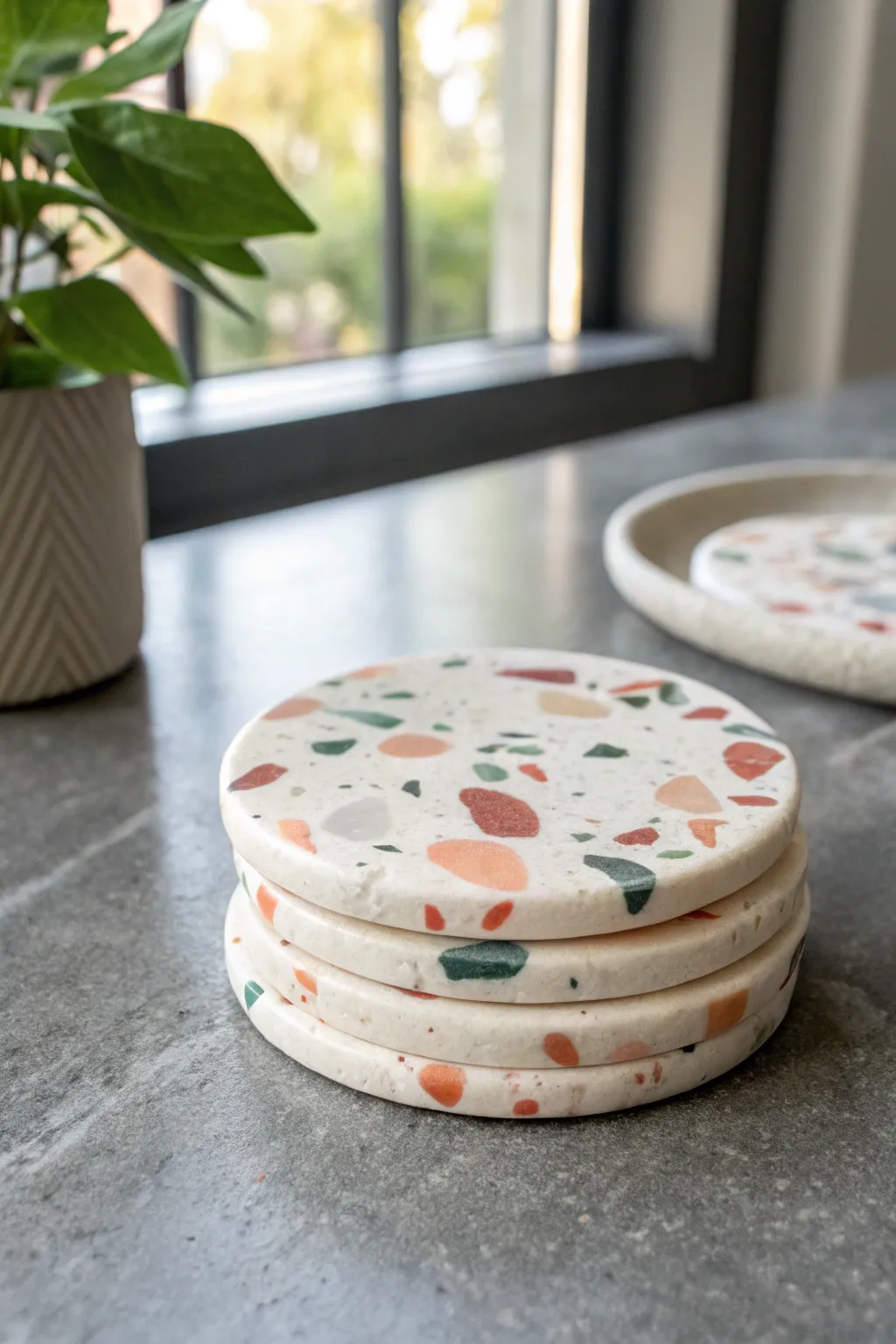 Glassy resin coated terrazzo polymer clay coasters, minimal and boho, ready for your table.