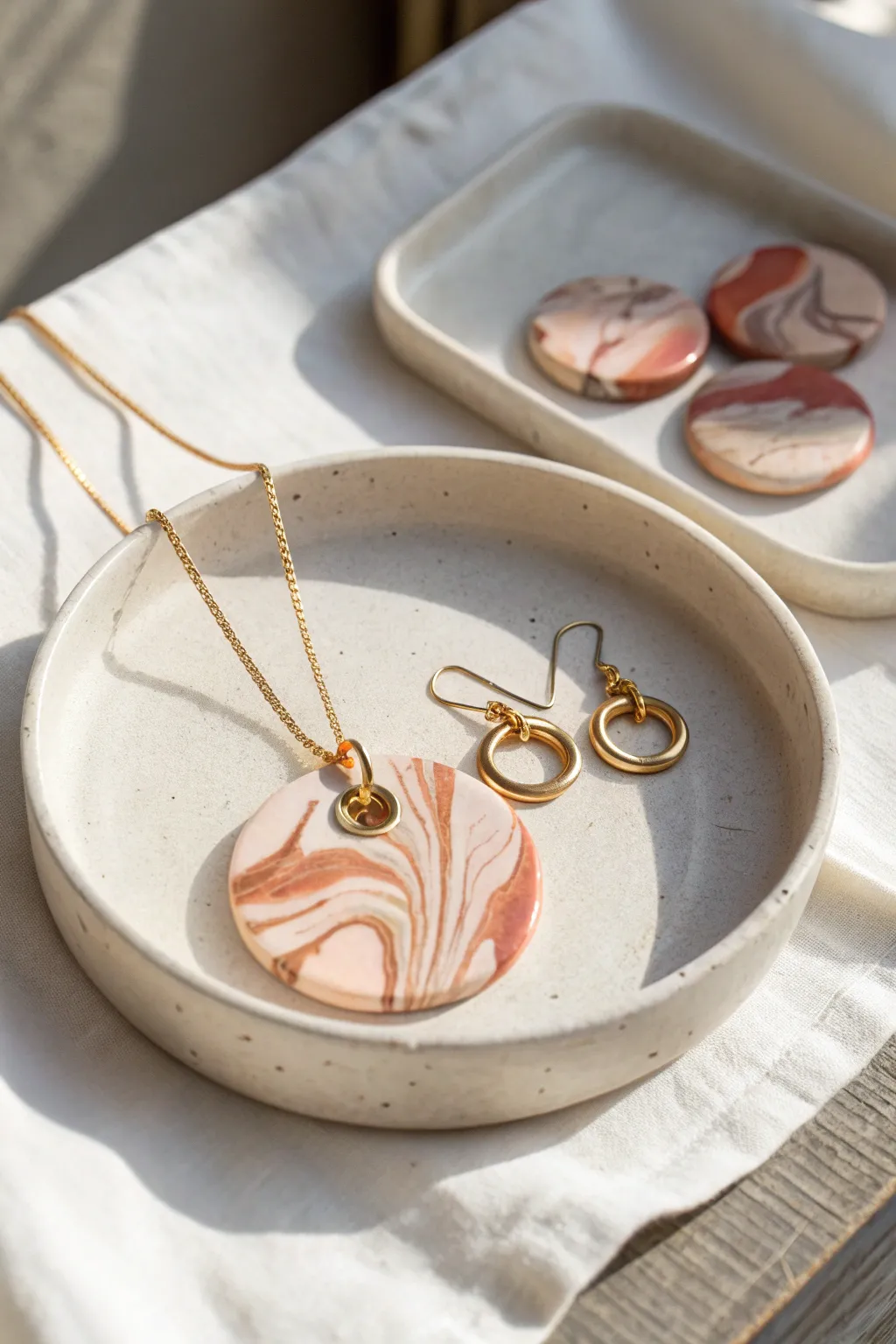 Marbled polymer clay pendant and matching earrings in soft blush, ivory, and terracotta tones.