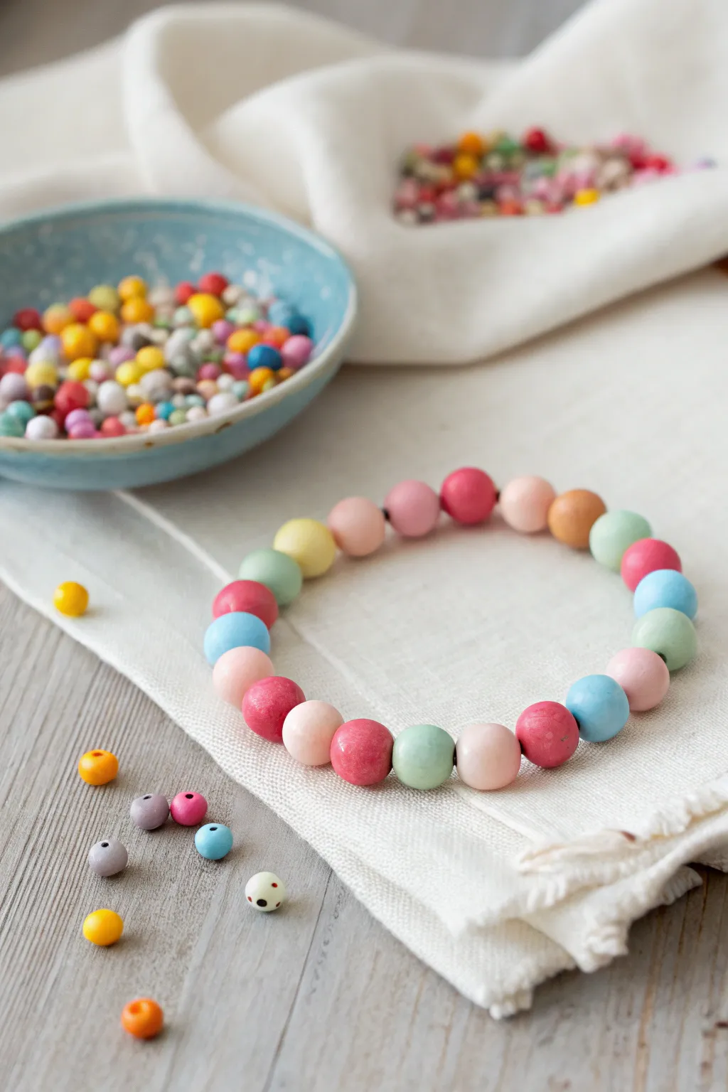 Confetti bead soup bracelet in bright polymer clay, styled simply with a playful bead pile.