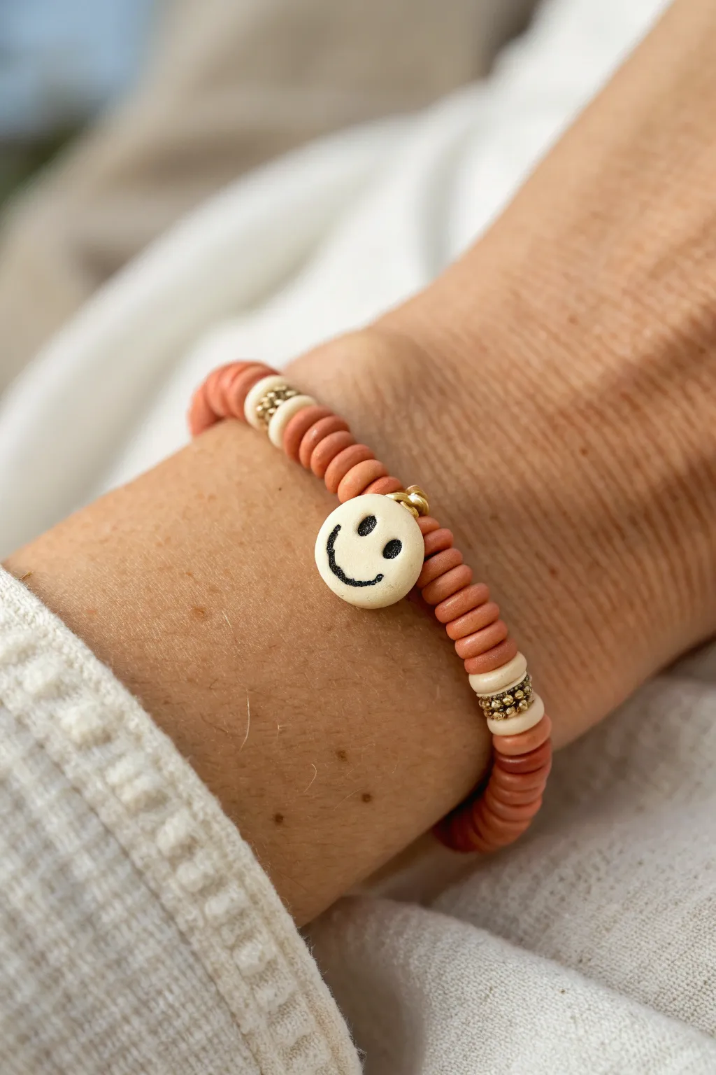 Smiley focal bead bracelet: minimalist heishi beads with one cheerful handmade polymer clay charm.