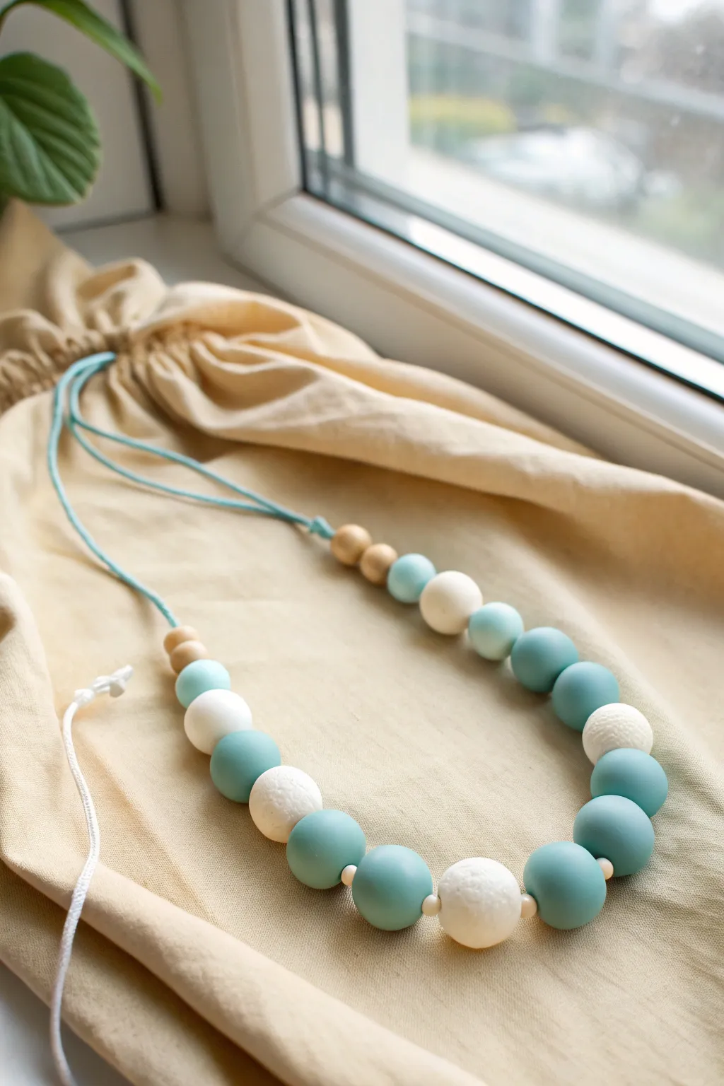 Birthstone-inspired polymer clay bead necklace in soft tones, a sweet handmade birthday gift.