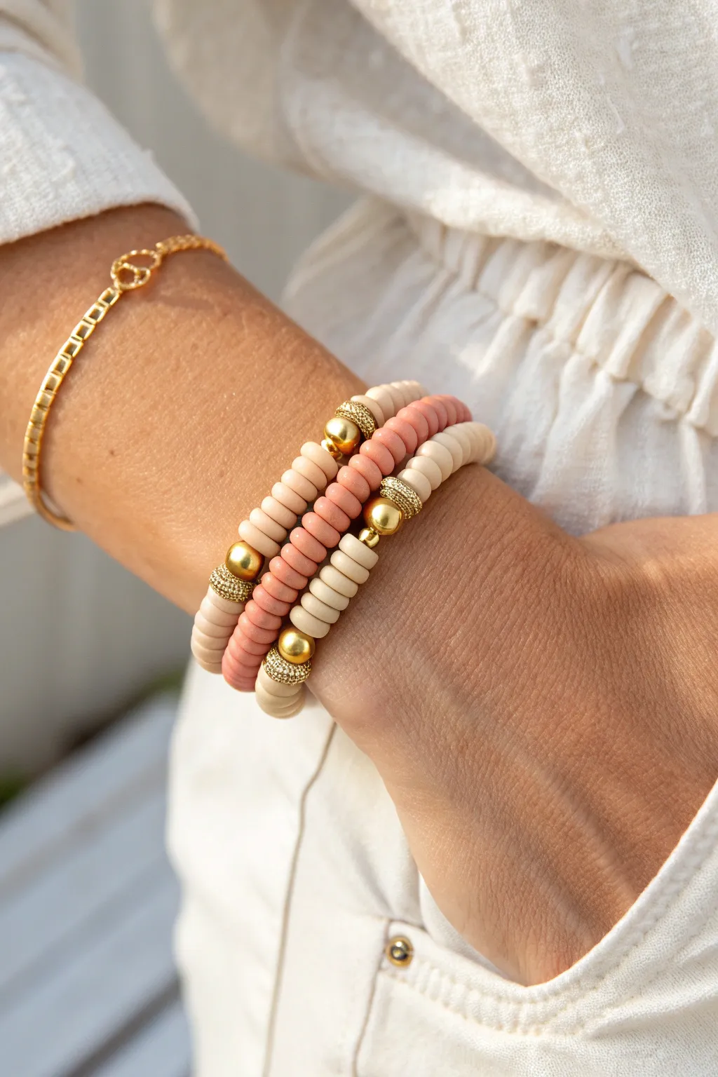 Everyday polymer clay bracelet with gold spacer rhythm between soft heishi-style discs