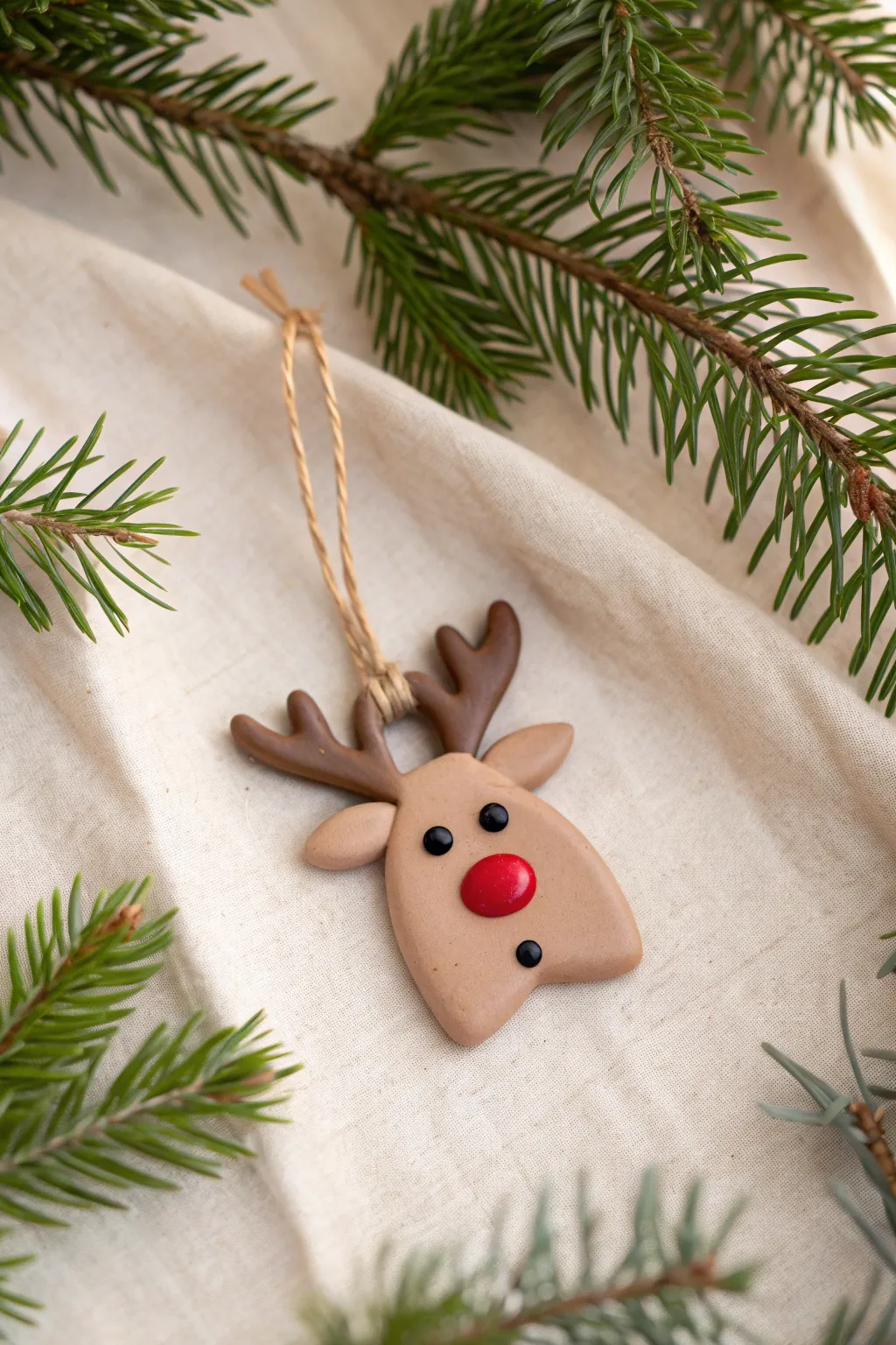 Minimalist polymer clay reindeer ornament with a bright red nose, perfect for Christmas decor