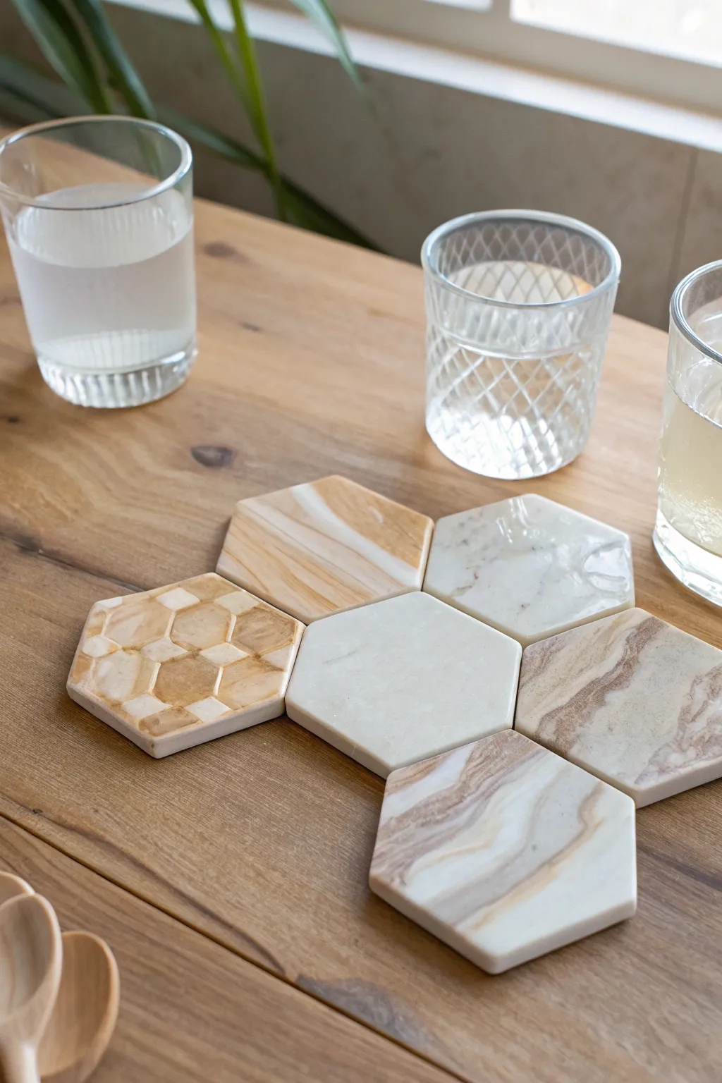 Soft marbled hexagon polymer clay coasters in a clean grid—minimal, cozy, and handmade.