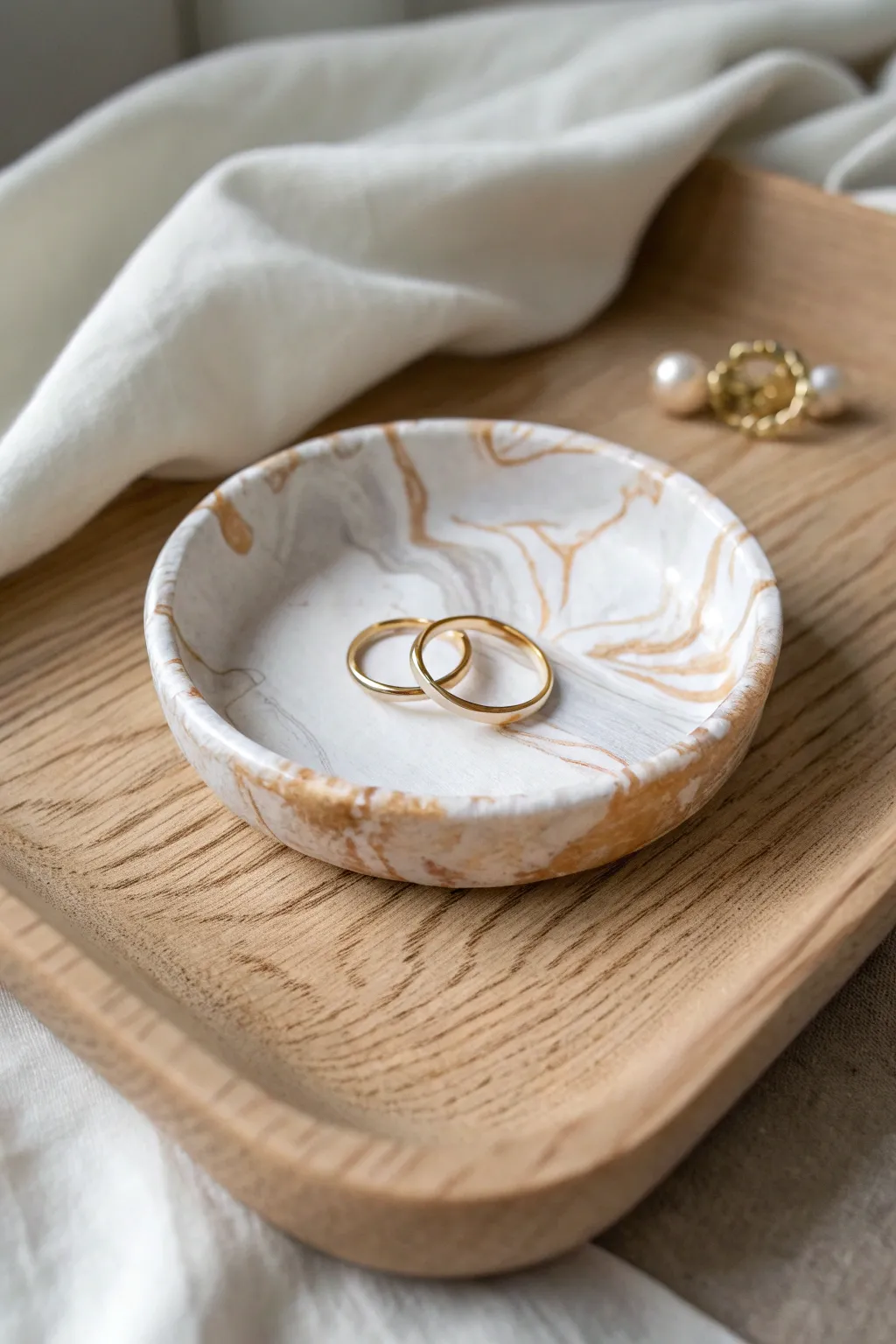 Sweet marbled polymer clay ring dish for a calm nightstand moment, minimal and handmade
