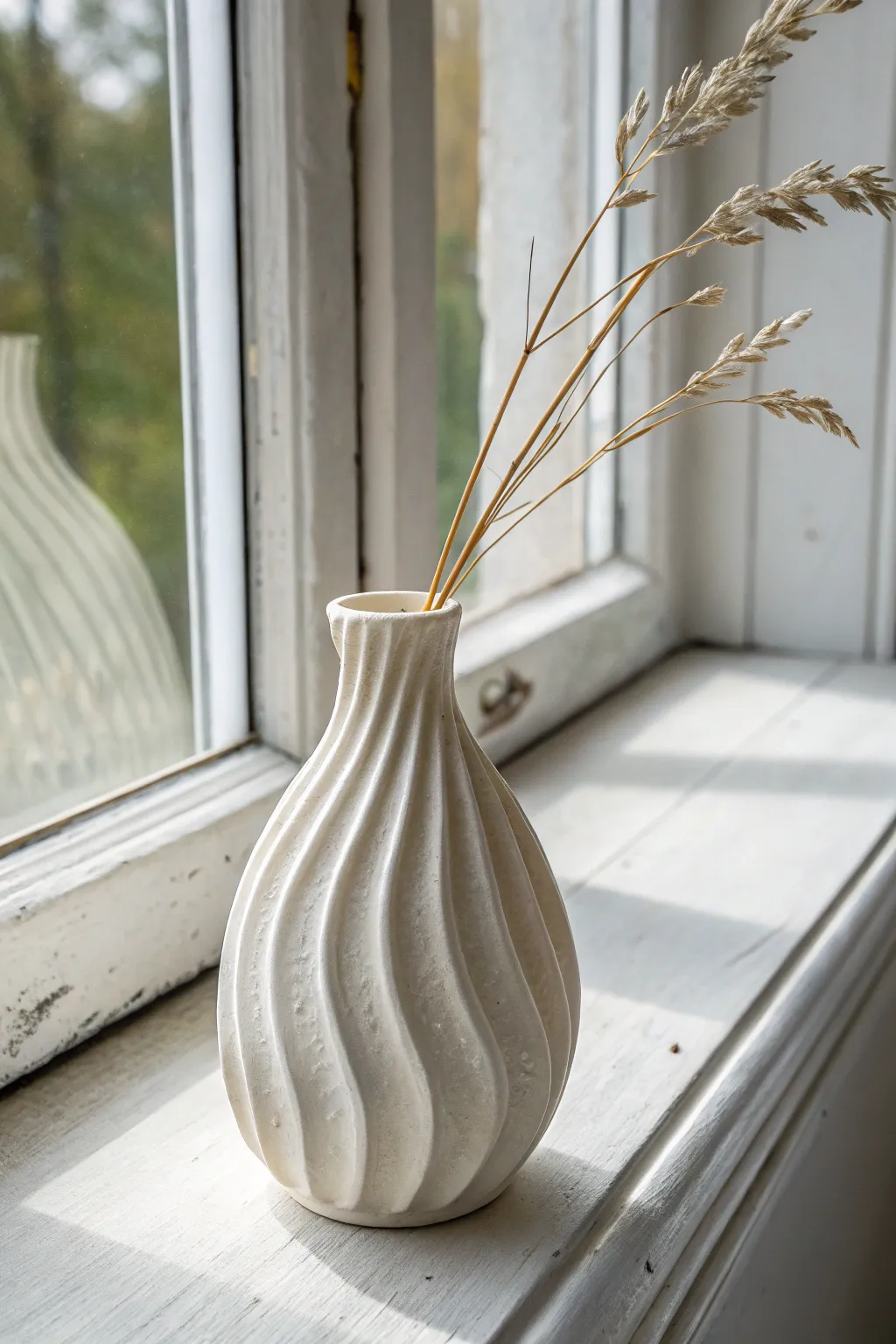 Abstract wavy polymer clay wrap upgrades a plain bud vase into soft minimalist windowsill decor.