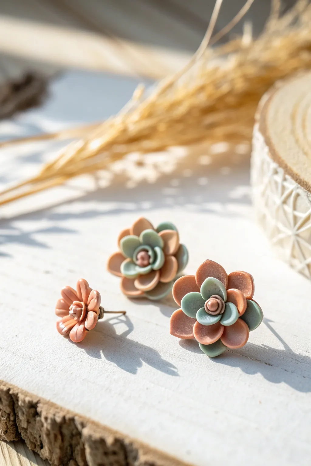 Layered petal polymer clay flower stud in soft earthy pastels on a bright minimalist backdrop