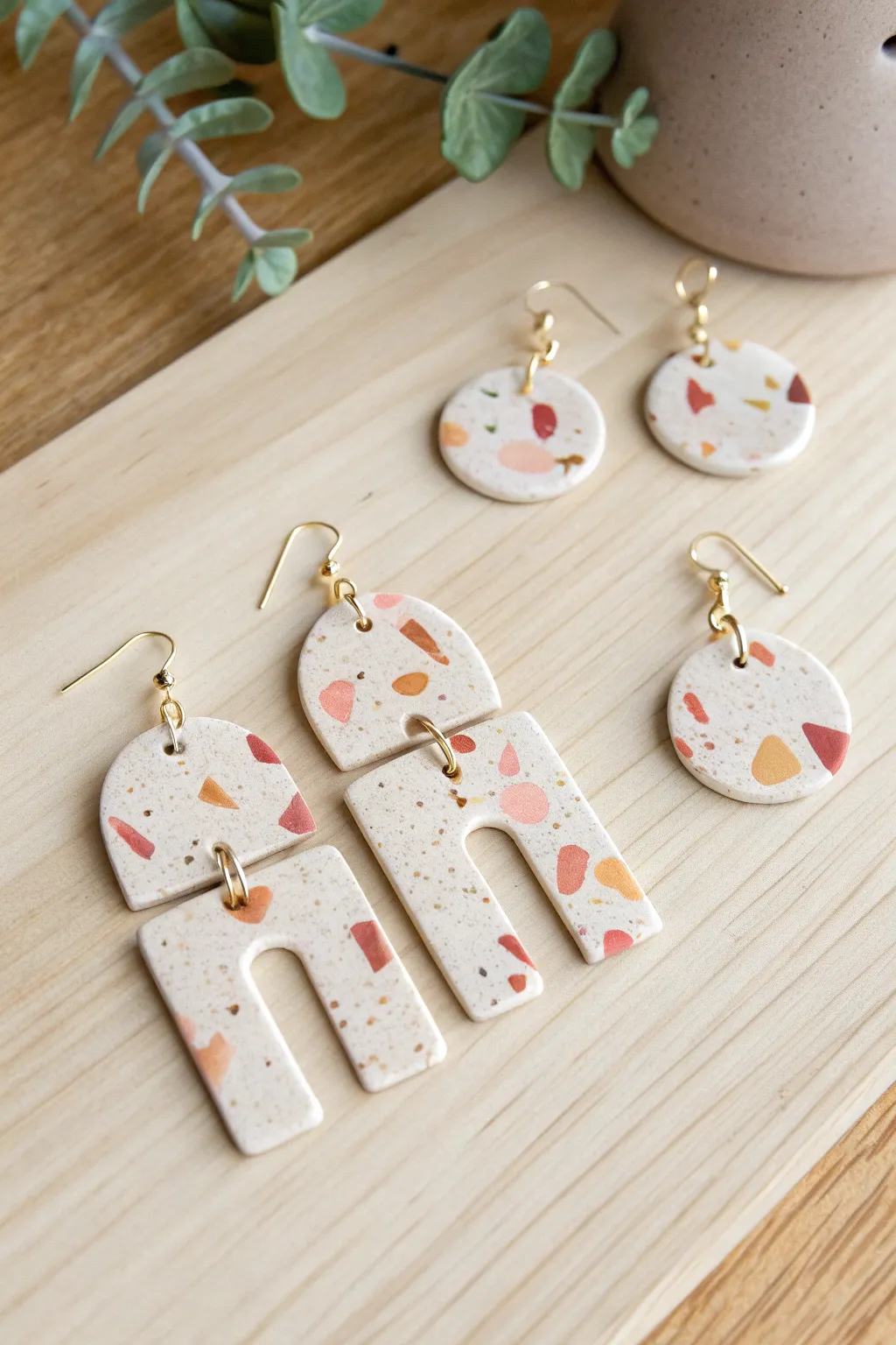 Three slab-cut polymer clay earring pairs, same pattern and simple shapes for easy beginner sets