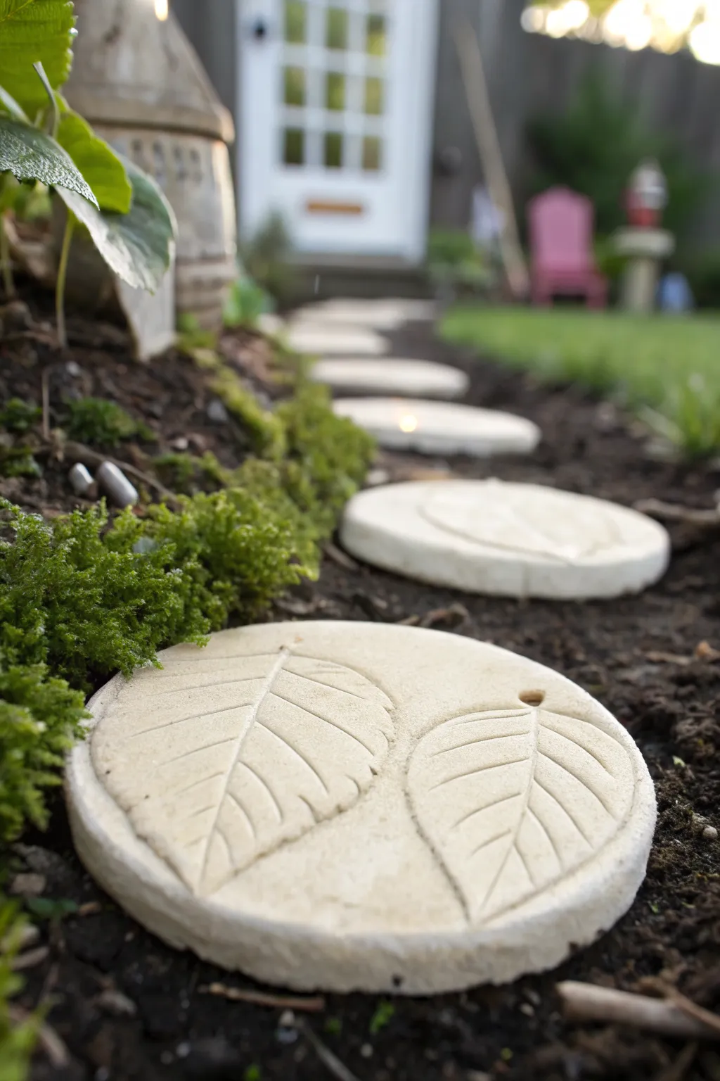 Minimal fairy garden path: leaf-imprinted polymer clay stepping stones with soft moss edges.