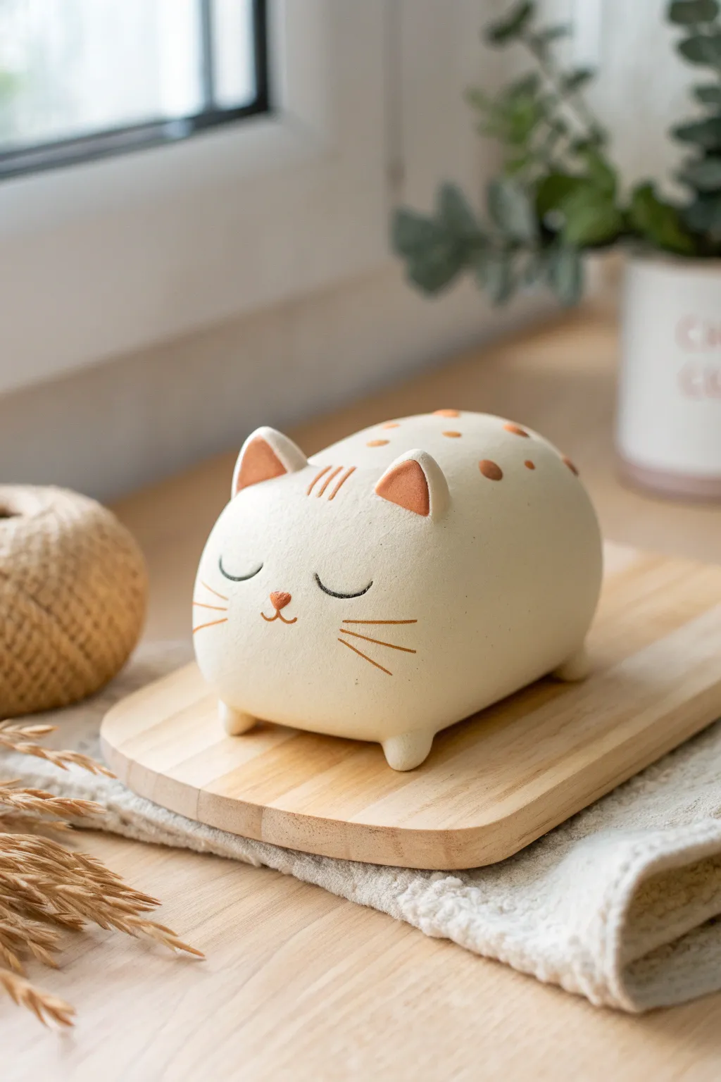 Easy polymer clay cat loaf desk buddy in calm Scandinavian tones, perfect for beginners.