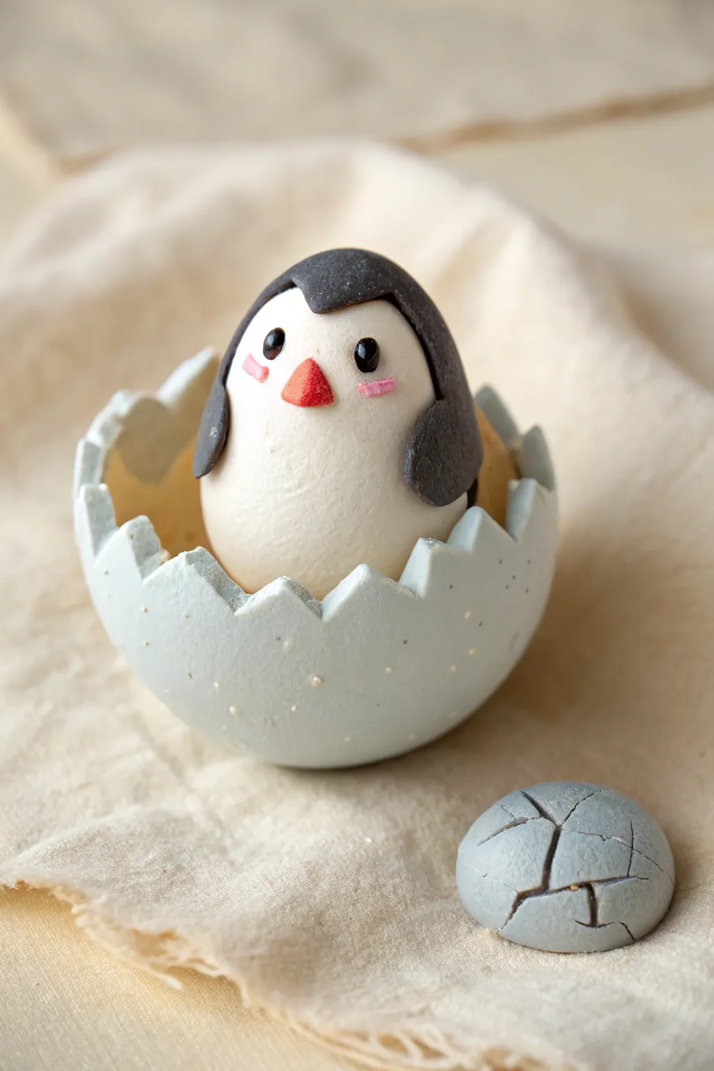 Sweet polymer clay penguin peeking from a cracked eggshell, minimalist and cozy with soft contrast.