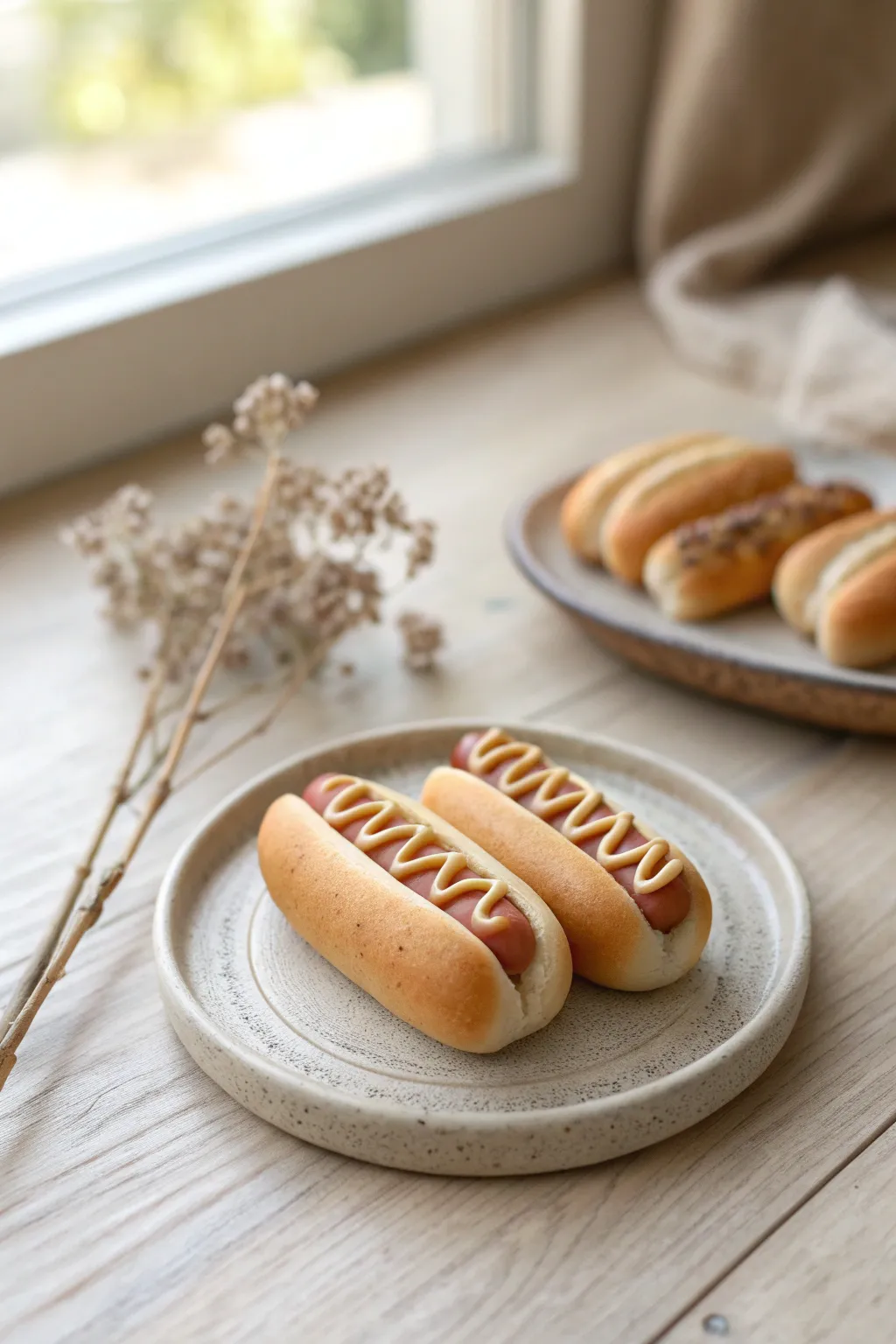 Mini polymer clay hot dogs with swirled toppings on a tiny plate, cozy Scandinavian dollhouse vibe