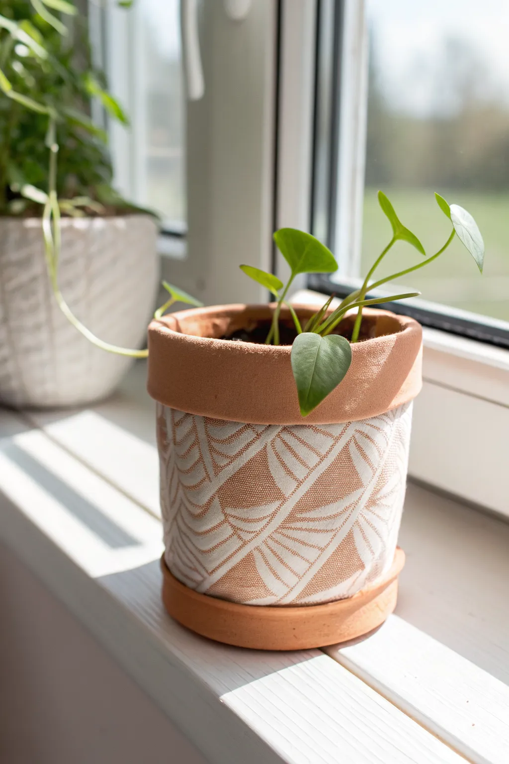 Minimal polymer clay planter sleeve with linen texture, styled on a bright windowsill