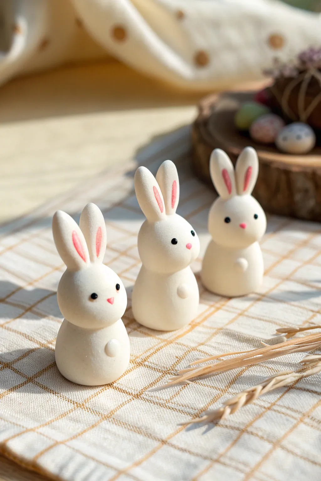 Three minimalist polymer clay bunny minis with sweet pink noses in soft Scandinavian style