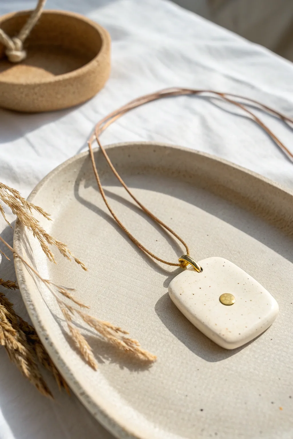 Minimalist matte polymer clay pendant necklace, clean geometry and a tiny gold accent detail