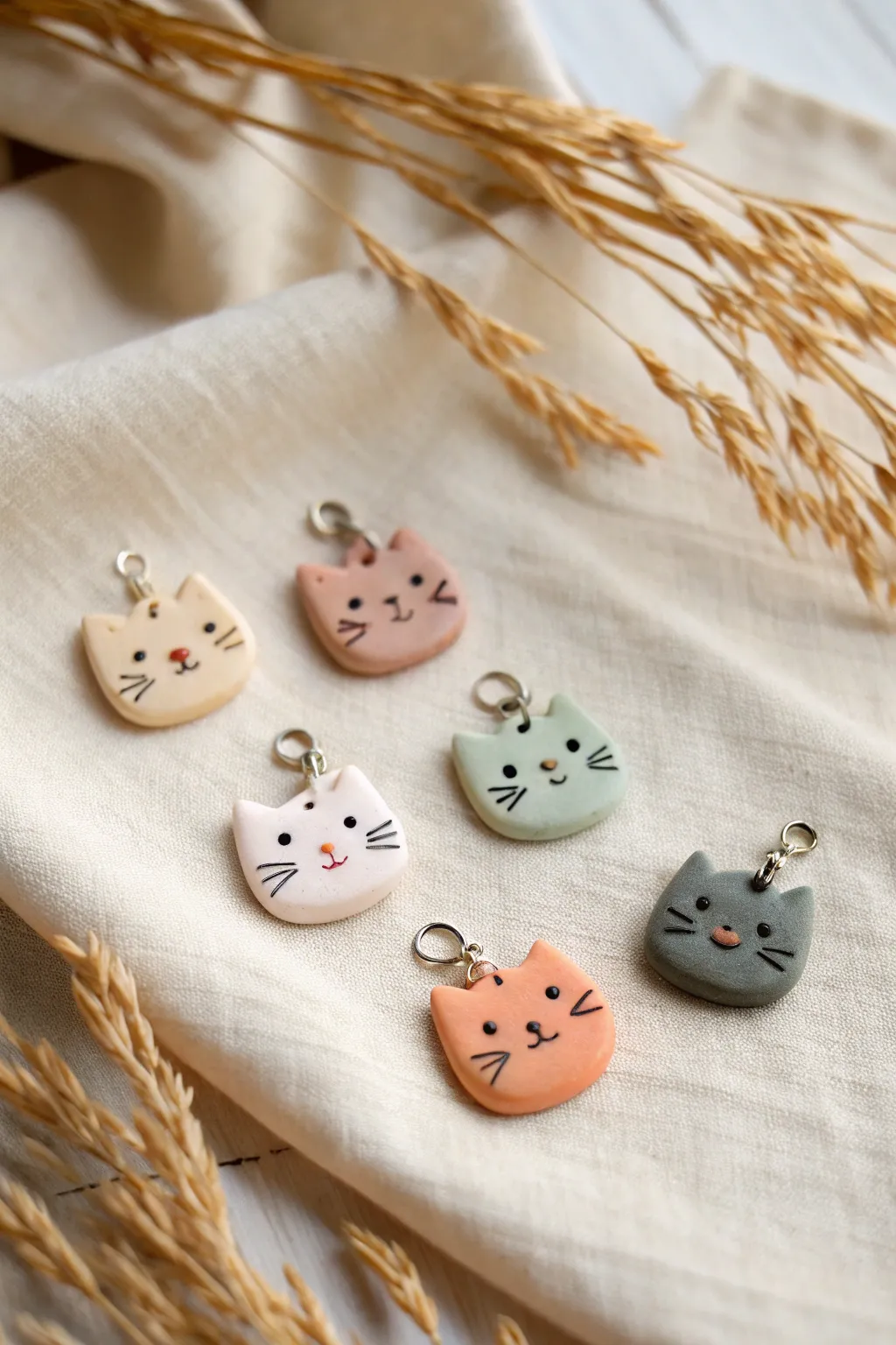 Simple polymer clay cat face charms from basic shapes, perfect for beginners and cute keychains.