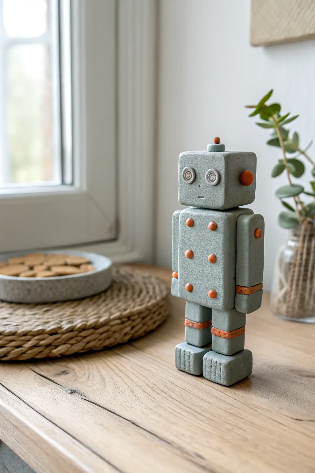 Blocky polymer clay robot with simple painted buttons, perfect beginner project for boys.