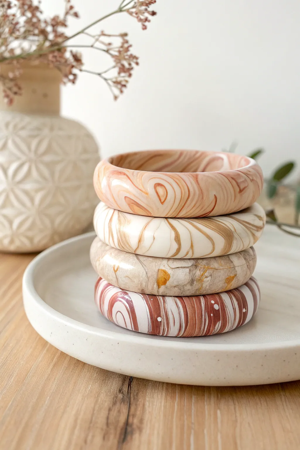 Chunky marbled polymer clay bangles in soft neutrals, styled simply for a modern handmade look