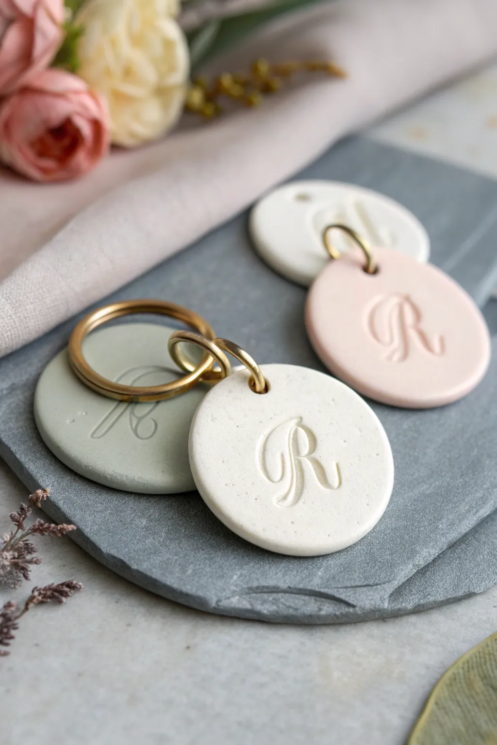Stamped monogram disc keychain in soft neutrals, minimalist and boho with a handmade polymer clay feel