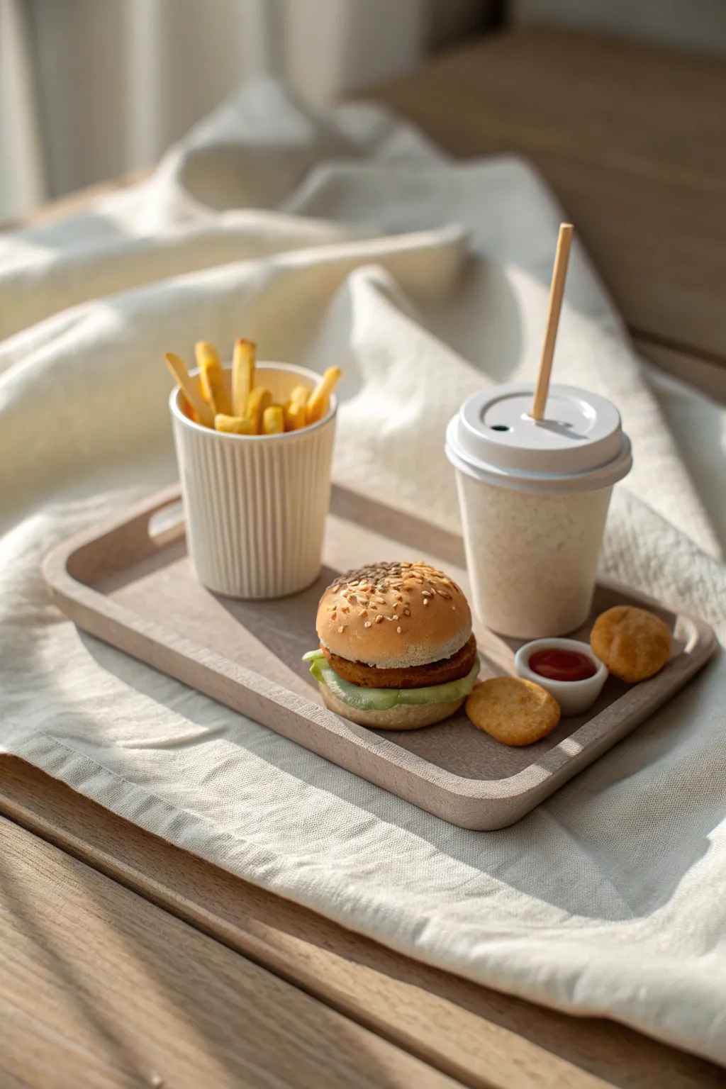Mini polymer clay burger combo on a tiny tray, clean Nordic styling, with fingertip scale.