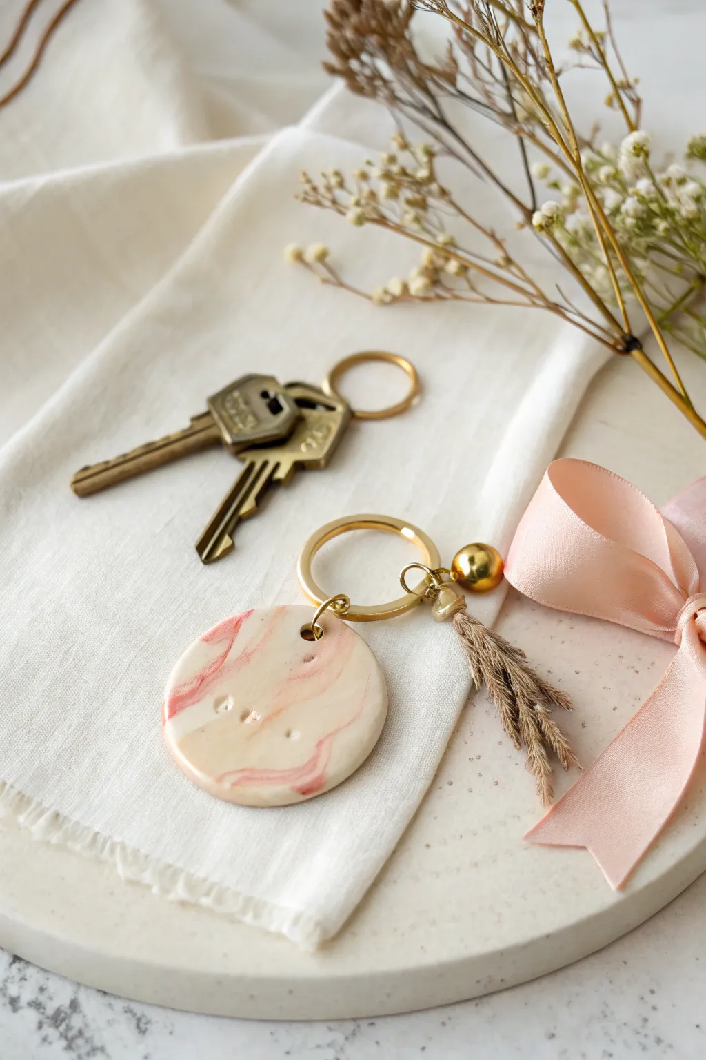 Minimal stamped polymer clay keychain styled with ribbon and keys, a sweet Mothers Day gift idea