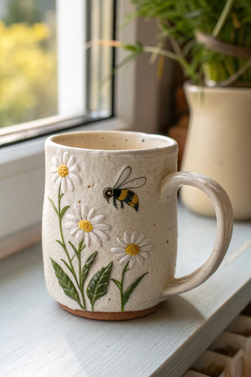 A cheerful polymer clay mug with a chubby bee and daisy cluster for a soft spring look