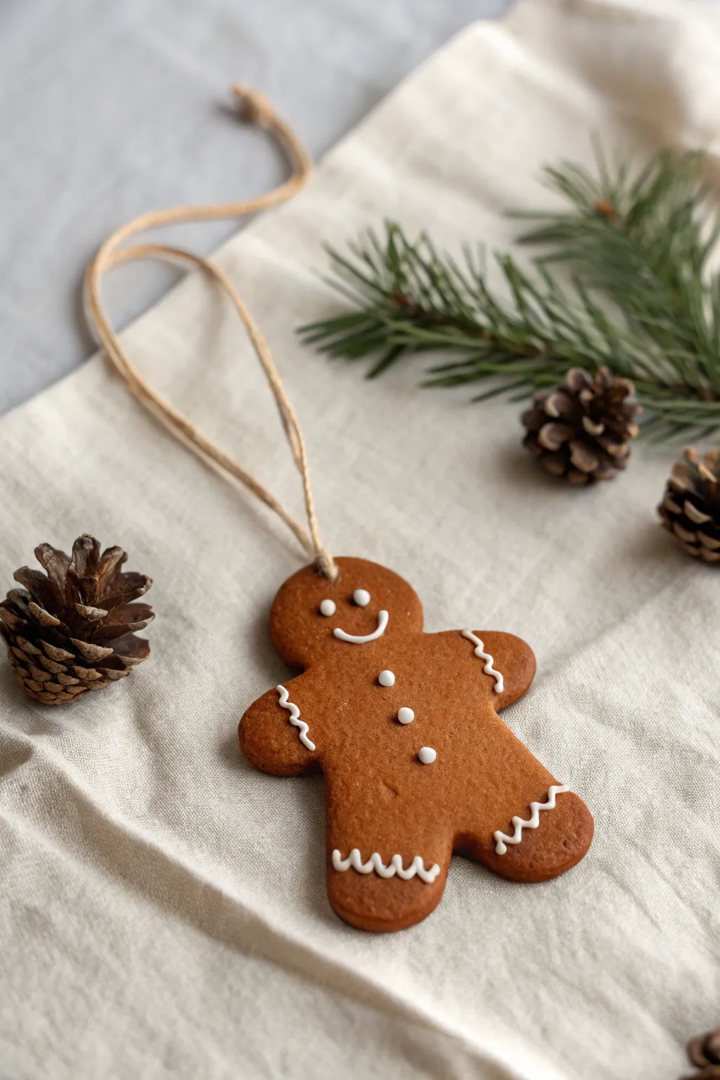 Cozy polymer clay gingerbread ornament with simple white icing lines and a soft linen backdrop.