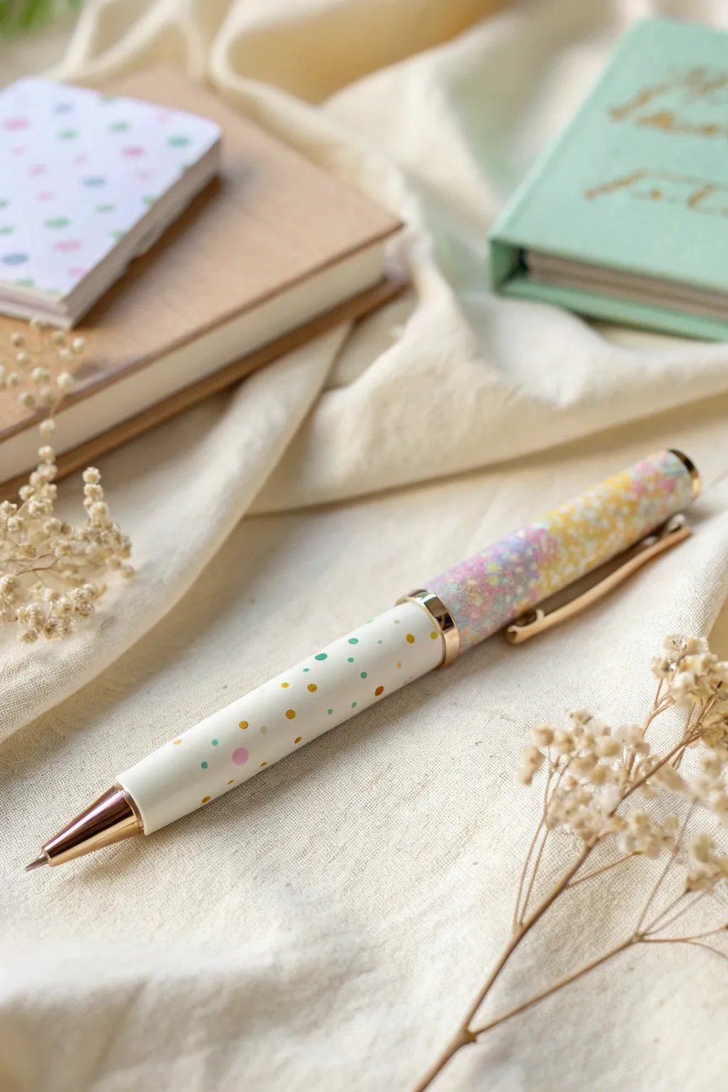 Pastel confetti speckle polymer clay pen paired with soft stationery for minimalist boho calm.