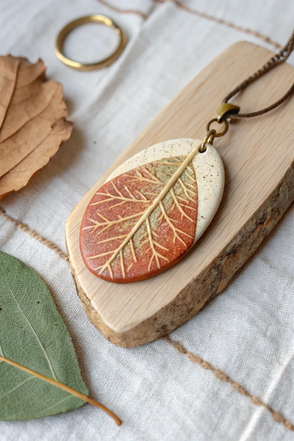 Earthy leaf-imprint polymer clay pendant with minimalist boho styling and natural contrast