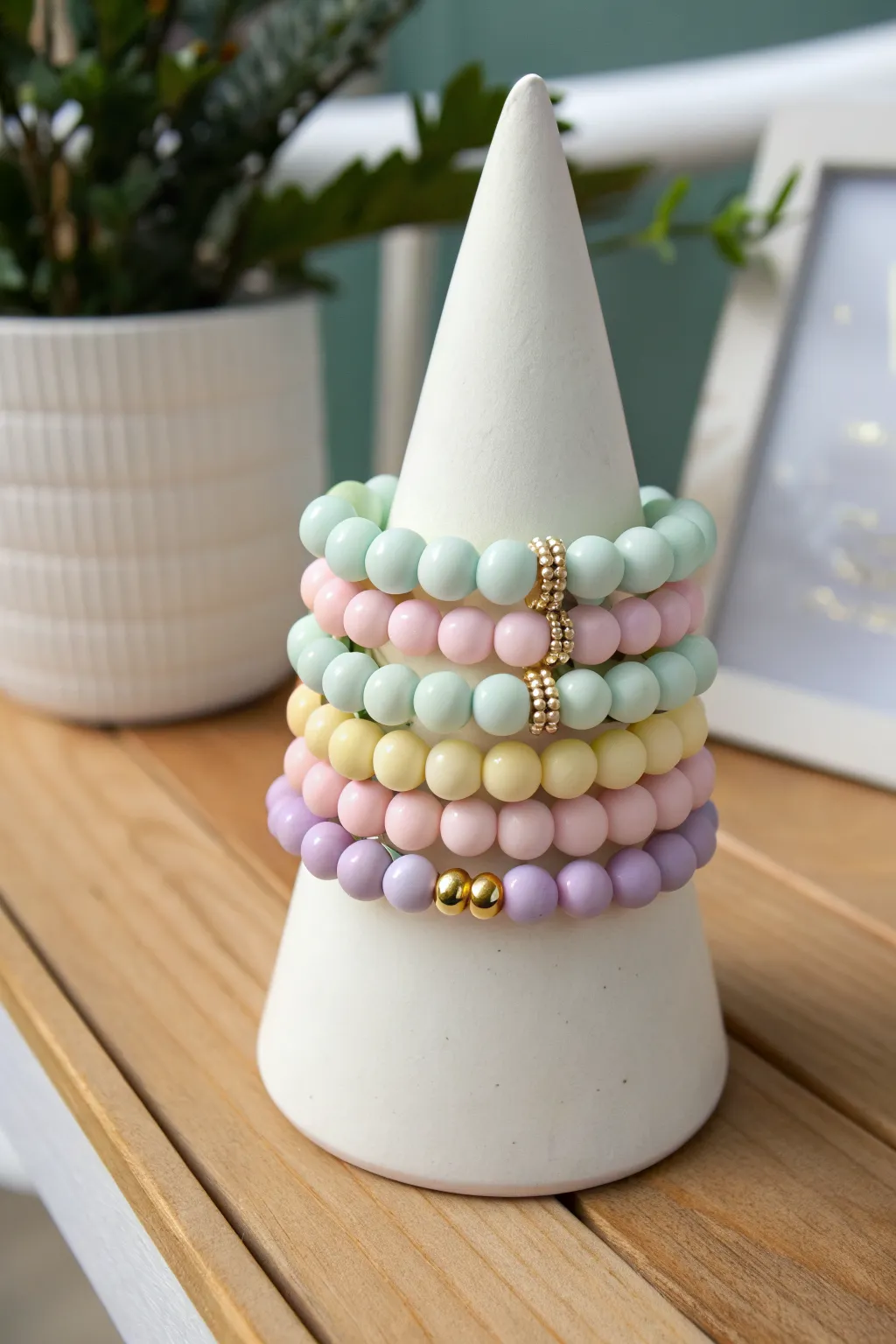 Preppy pastel polymer clay bracelet stack in mint, lilac, blush, and butter yellow tones